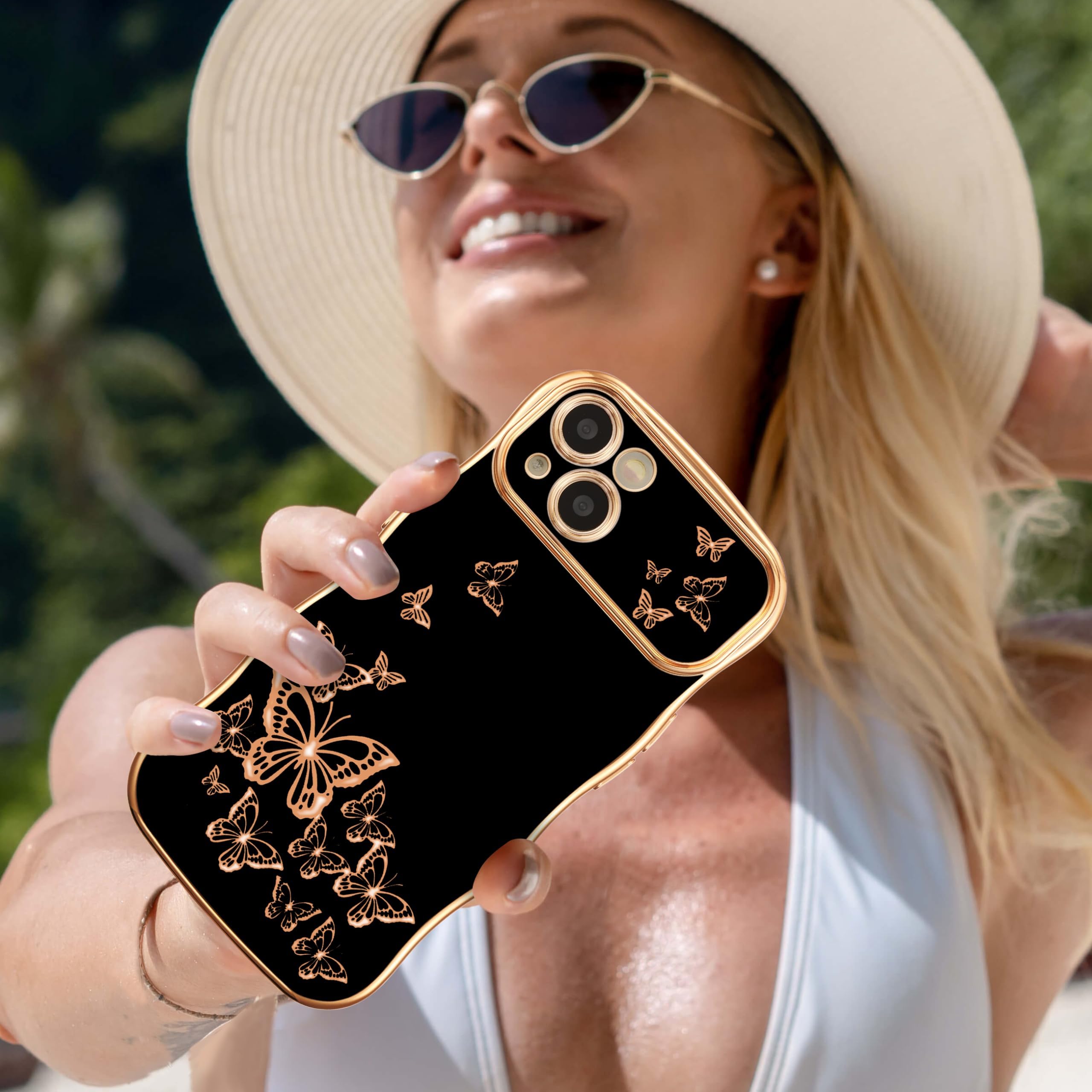 Ztofera For Iphone 13 Case For Girl Women, Cute Curly Wave Frame With Luxury Plating Butterfly Pattern, Soft Tpu Electroplated E