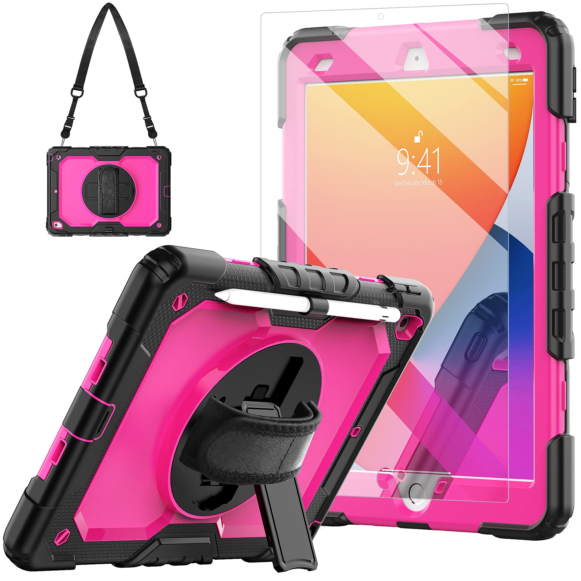 Blosomeet Case For Ipad 9Th Generation 2021 10.2 Inch With Tempered Glass Screen Protector & Pencil Holder,Protective Kids Ipad 
