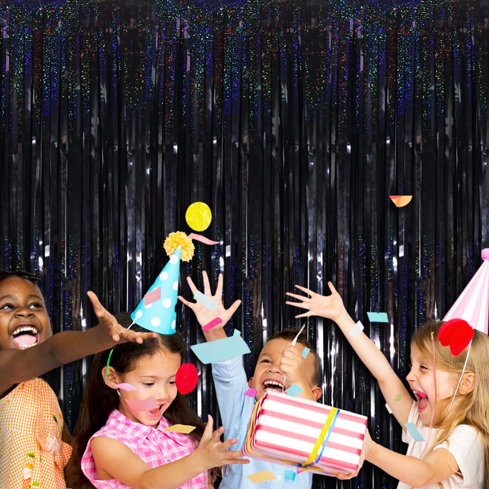 4 Pack Black Tinsel Foil Fringe Curtain Backdrop, 3.28Ft X 8.2Ft Metallic Streamers For Photo Booth Props Wedding Bridal Shower