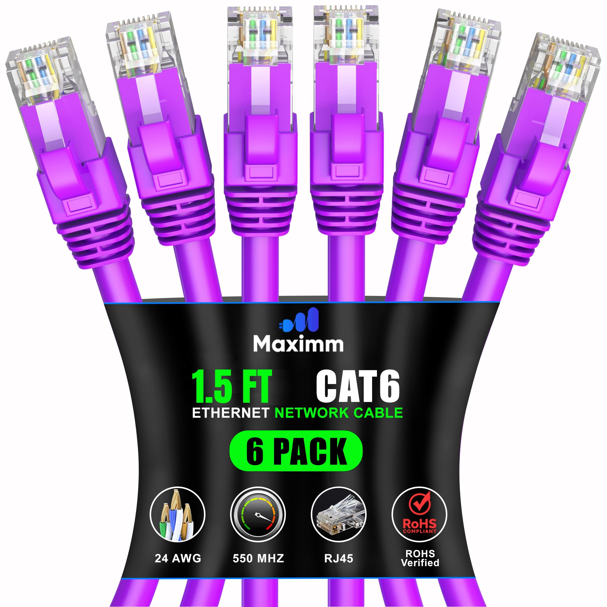 Maximm Cat 6 Ethernet Cable 1.5 Ft (6 Pack)   High Speed Lan Cable, Internet Cable, Patch Cable, And Network Cable   Utp, 10Gbps, 550Mhz Ethernet Cord   Purple