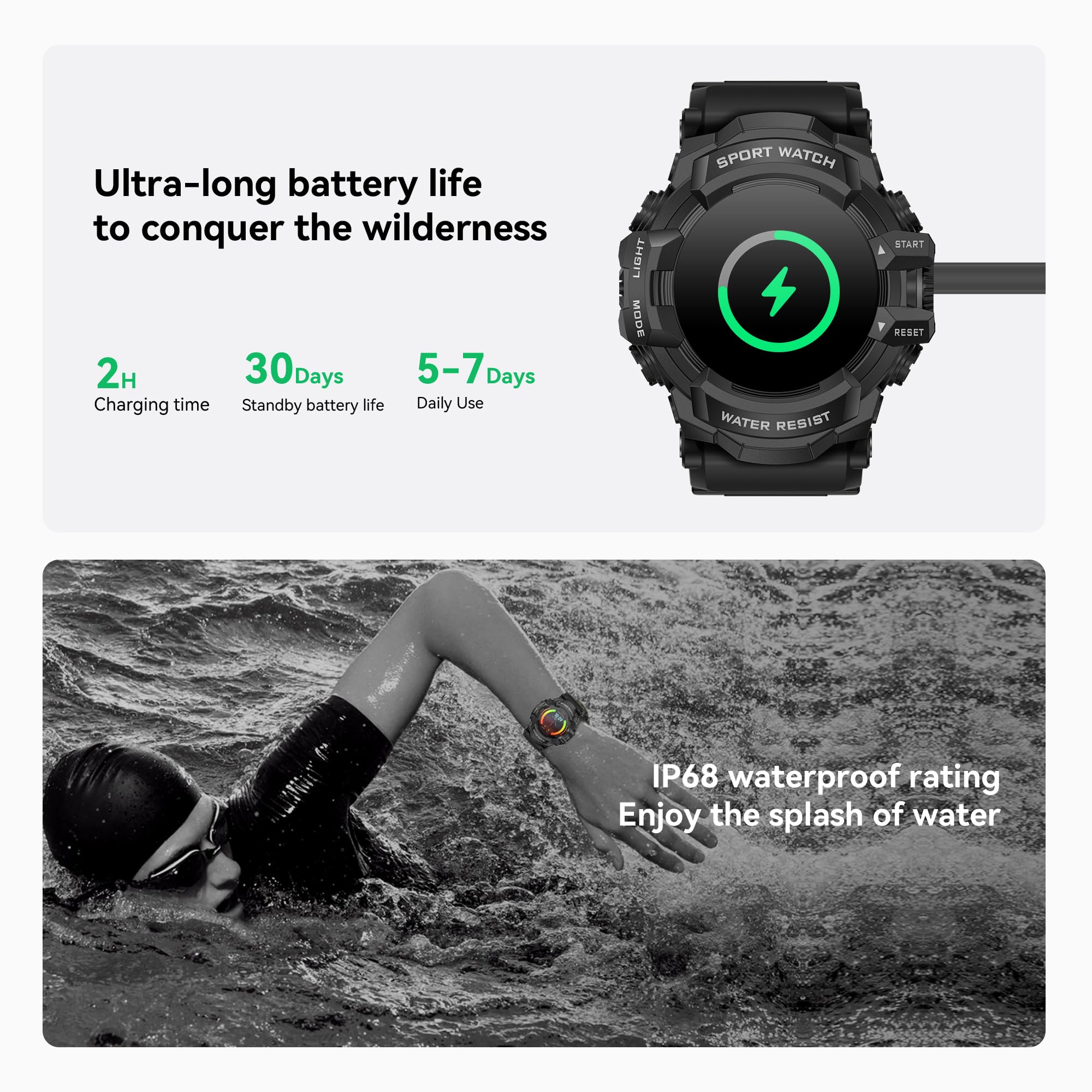 Middow Military Smart Watch With Flashlight (Answer/Make Call) Compass, Heart Rate/Sleep/Sports Tracker, Ip68 Waterproof, Long B