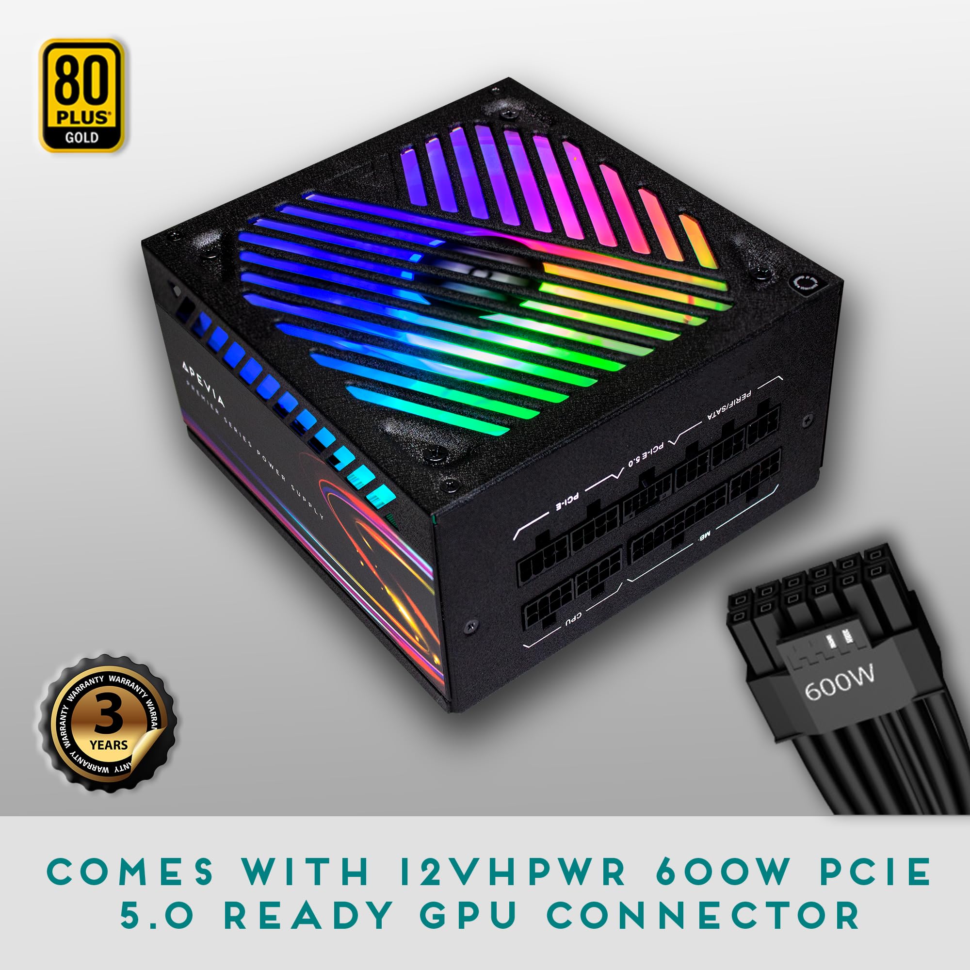 Apevia Atx Pm1200W Premier 1200W Fully Modular 80+ Gold Certified, Pcie 5.0 & Atx 3.0 Ready Active Pfc Atx Rgb Gaming Power Supp