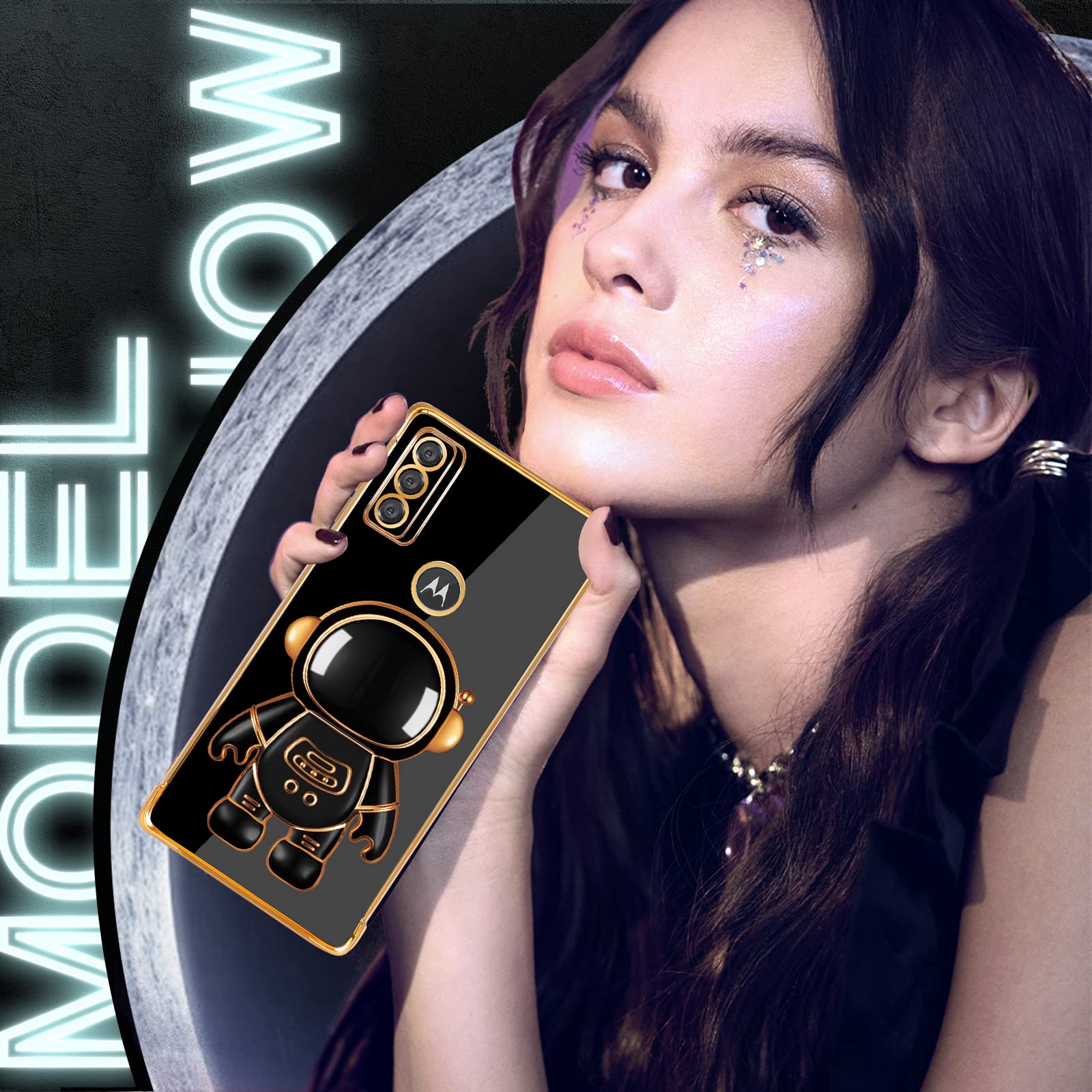 Buleens Cute Astronaut Case For Moto G Pure 2021, Lightweight Tpu Cover With Hidden Kickstand, Space Design, Black