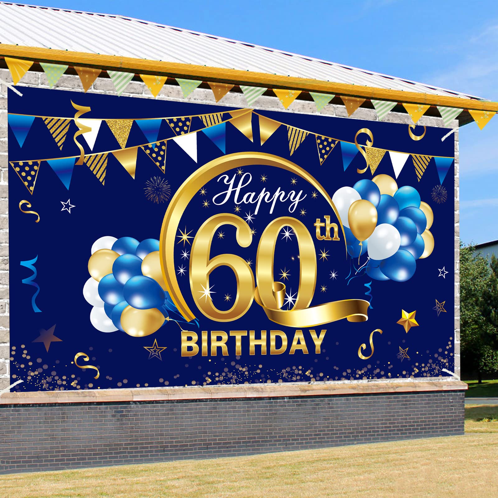 Blue 60Th Happy Birthday Banner Decorations For Men, Blue Gold 60 Birthday Backdrop Party Supplies, Sixty Birthday Photo Backgro