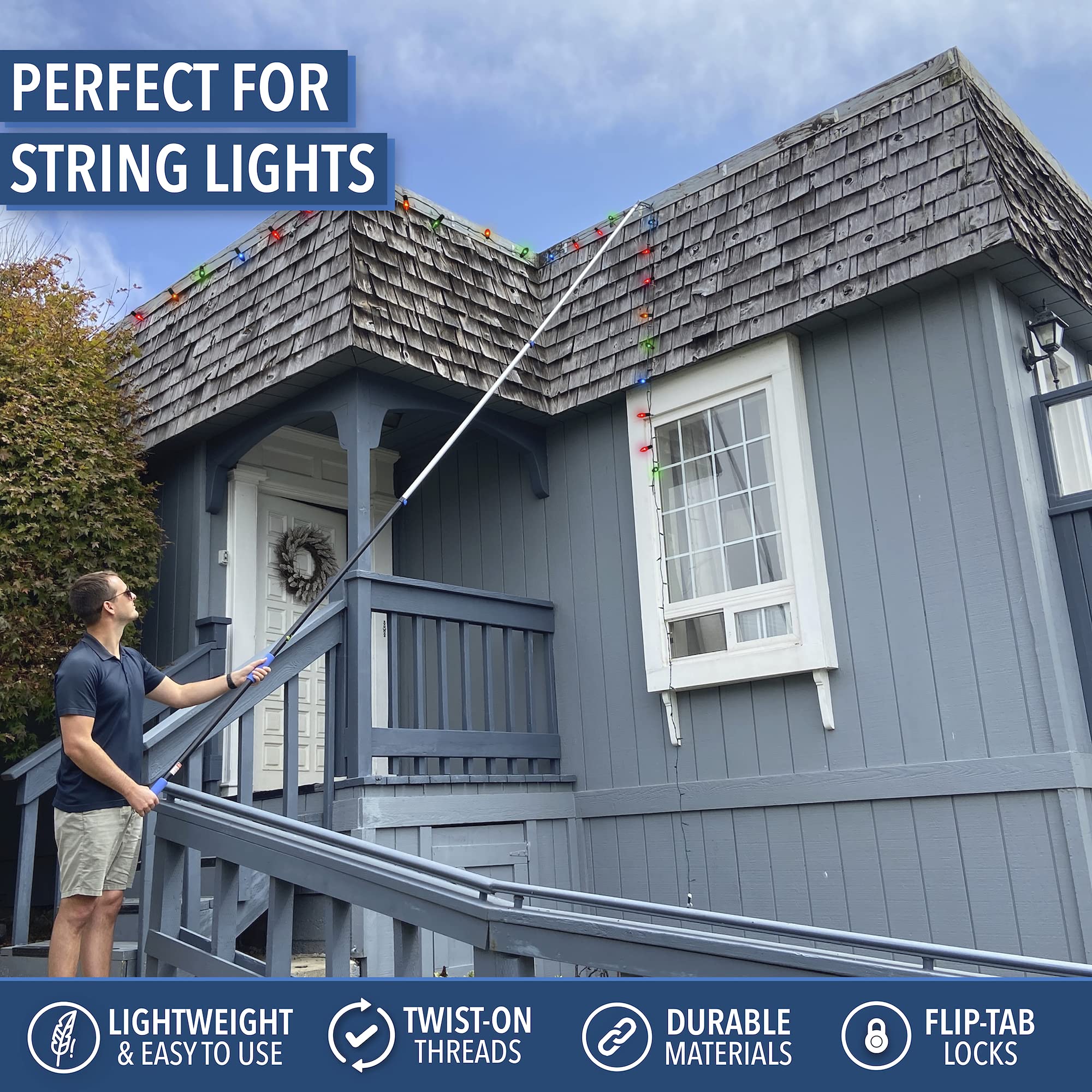 Eversprout 7 To 24 Foot Utility Hook With Extension Pole (30 Foot Reach) | Installing And Hanging Christmas/String Lights, Birdf