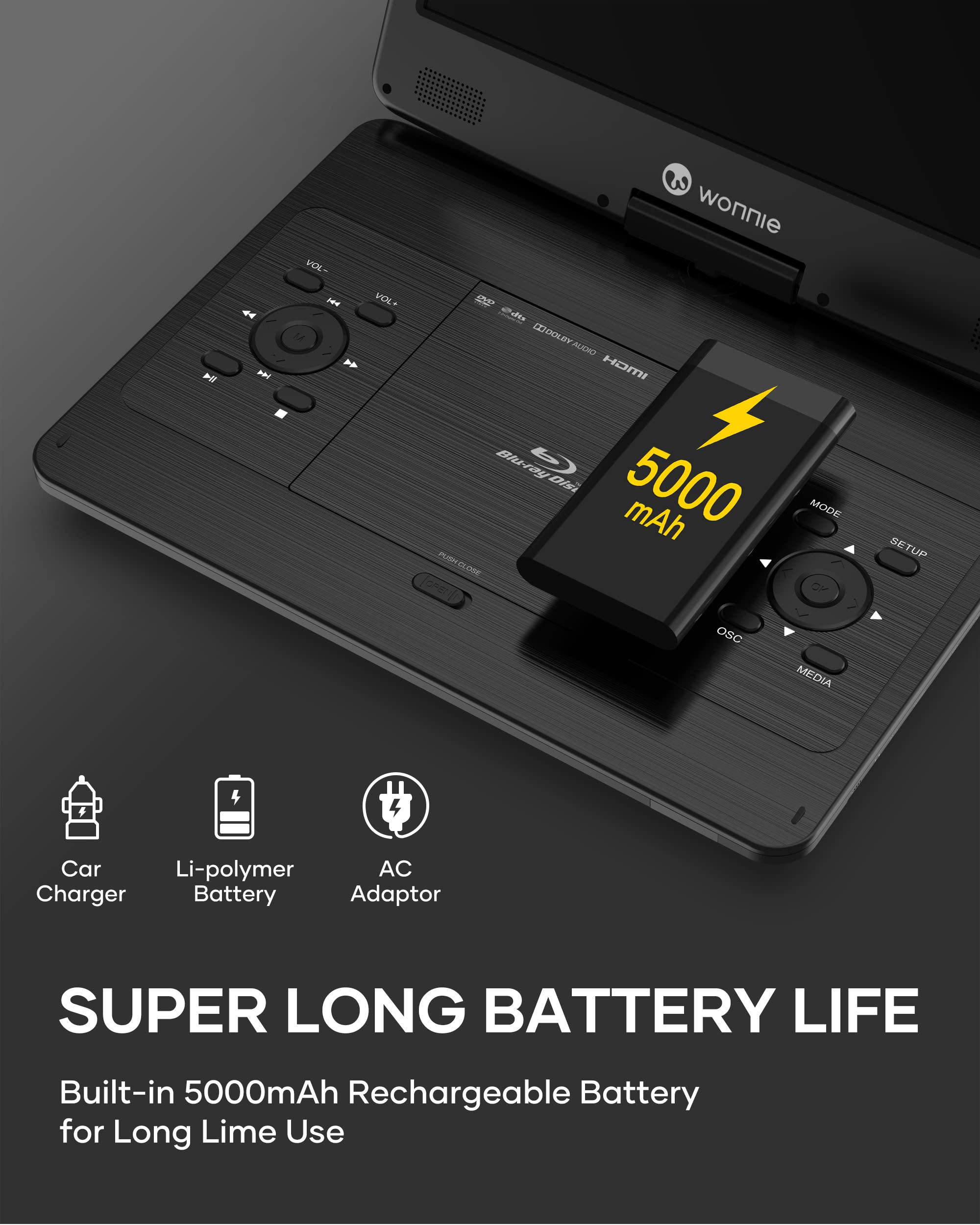 Wonnie 16.9 Portable Blu Ray Dvd Player With 14.1 1080P Hd Swivel Screen, 4-Hour Rechargeable Battery, Supports Hdmi Output, Sur