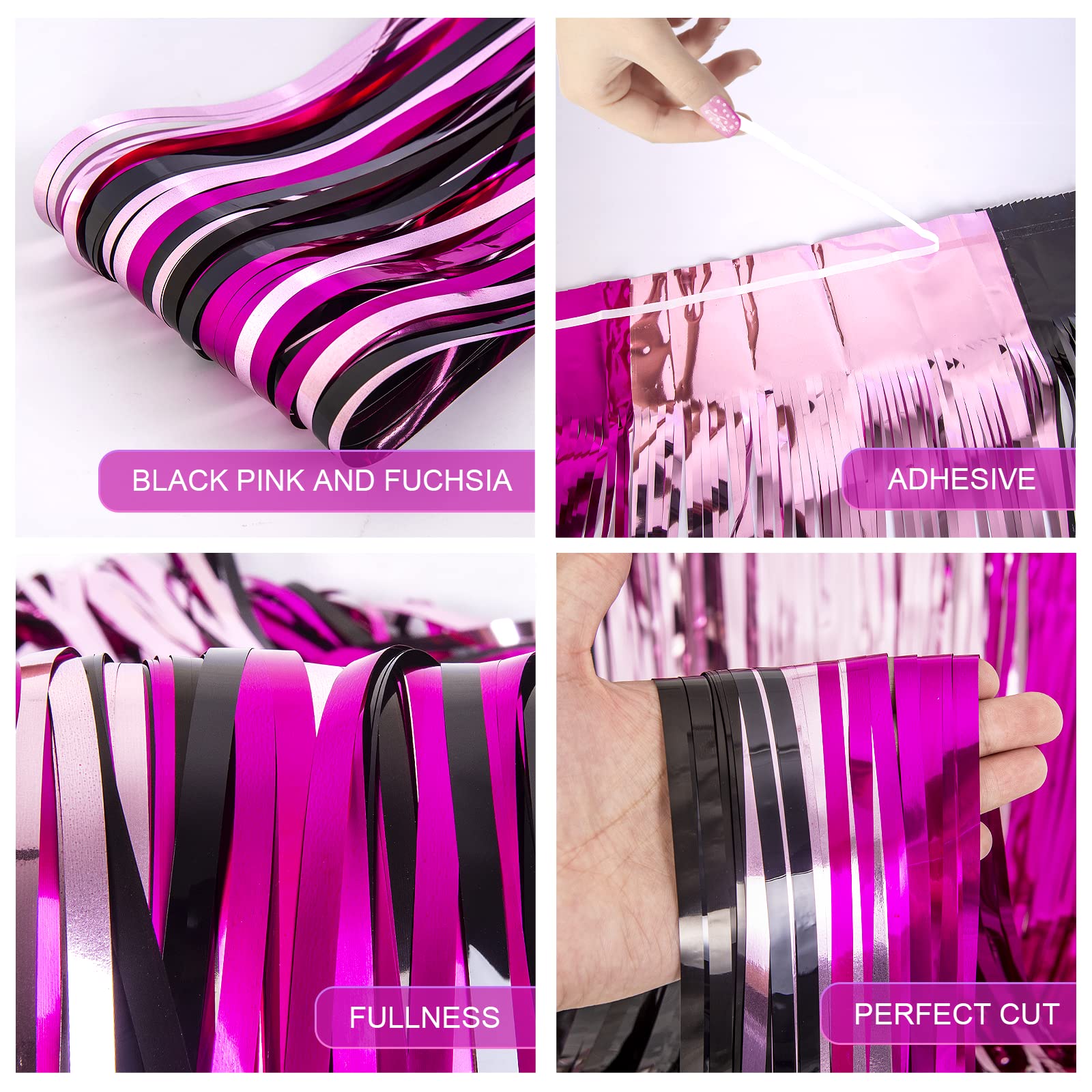 Lolstar 3 Pack Minnie Birthday Party Supplies,3.3X6.6 Ft Black Pink Fuchsia Tinsel Foil Fringe Curtains,Cartoon Mouse Photo Boot