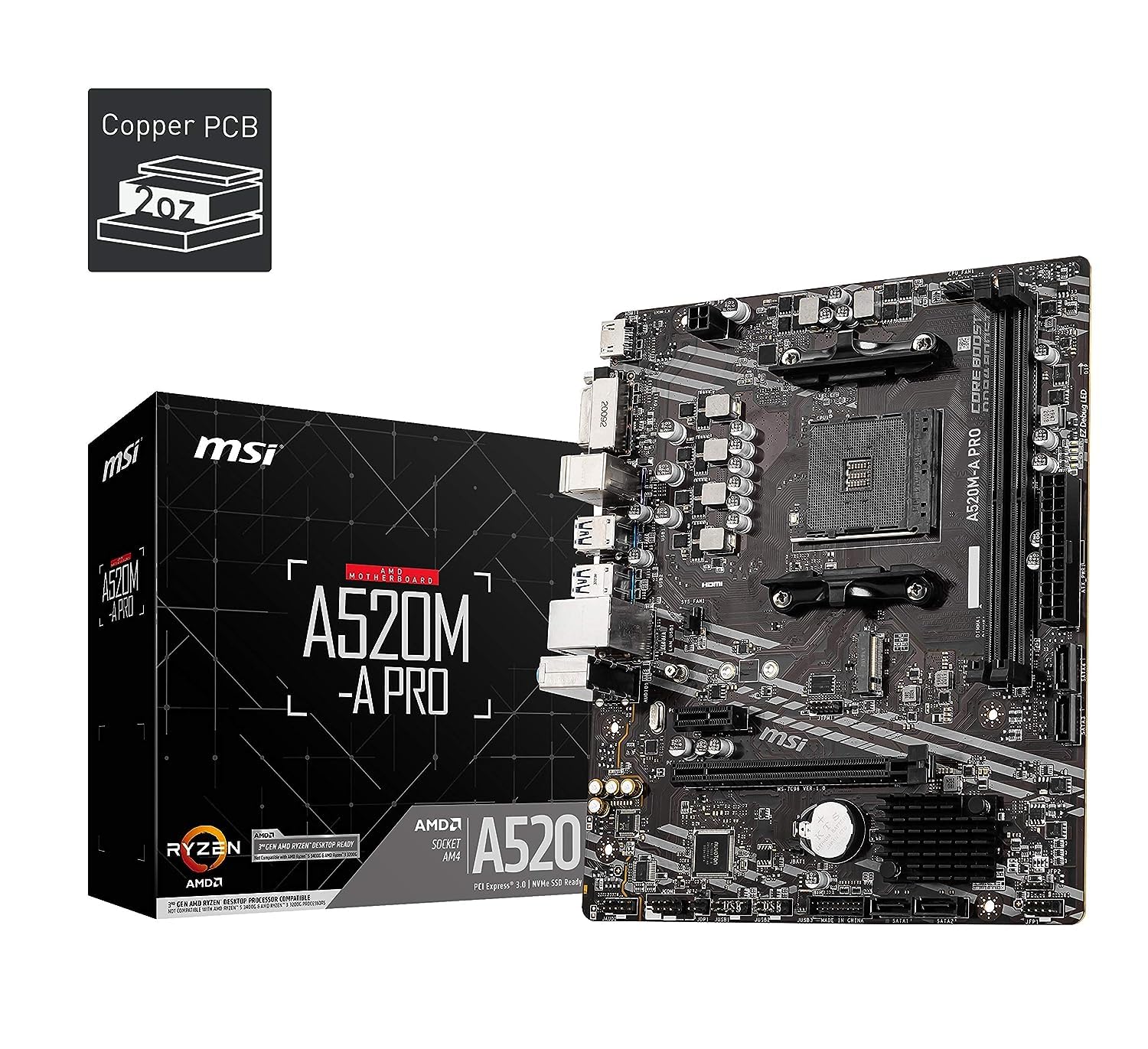Msi A520M A Pro Gaming Motherboard (Amd Am4, Ddr4, Pcie 4.0, Sata 6Gb/S, Dual M.2, Usb 3.2 Gen 1, Dvi/Hdmi, Micro Atx)