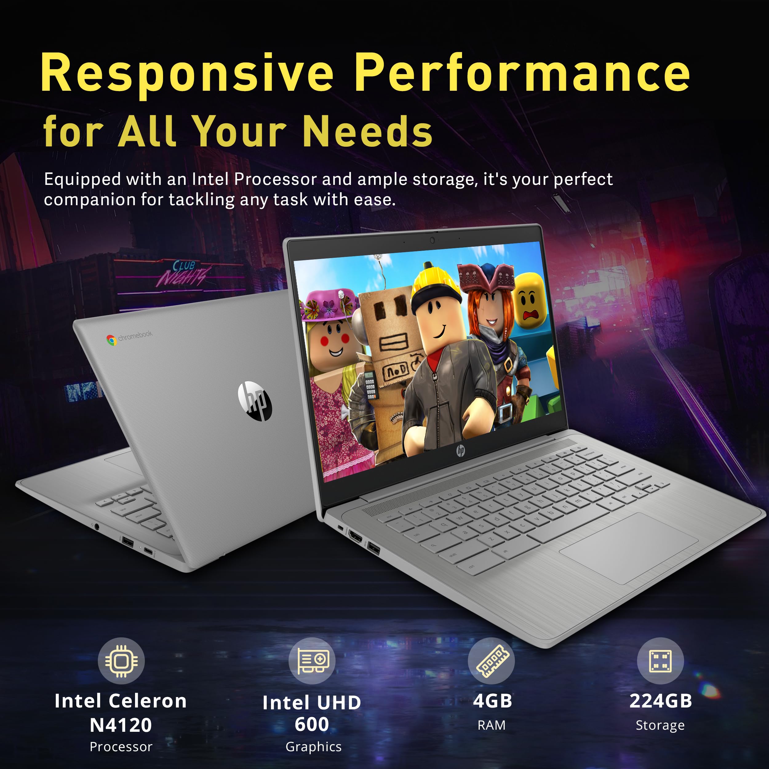 Hp Chromebook 14'' Hd Laptop For Business & Students, Intel Celeron N4120, 4Gb Lpddr4, 224Gb Storage(64Gb Emmc+160Gb Docking Sta