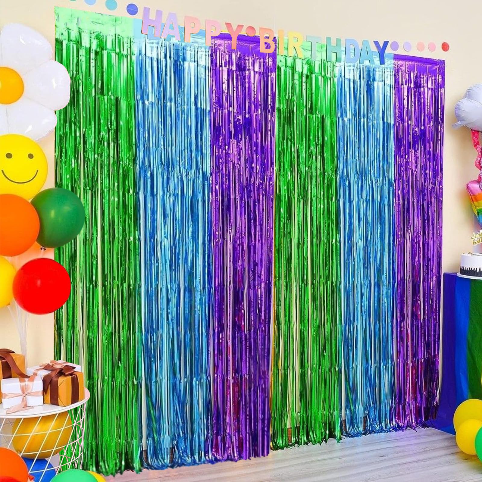 Canrevel 2 Pack 3.3X8.2 Feet Green Blue And Purple Foil Fringe Backdrop Curtains, Tinsel Streamers Birthday Party Decorations, P