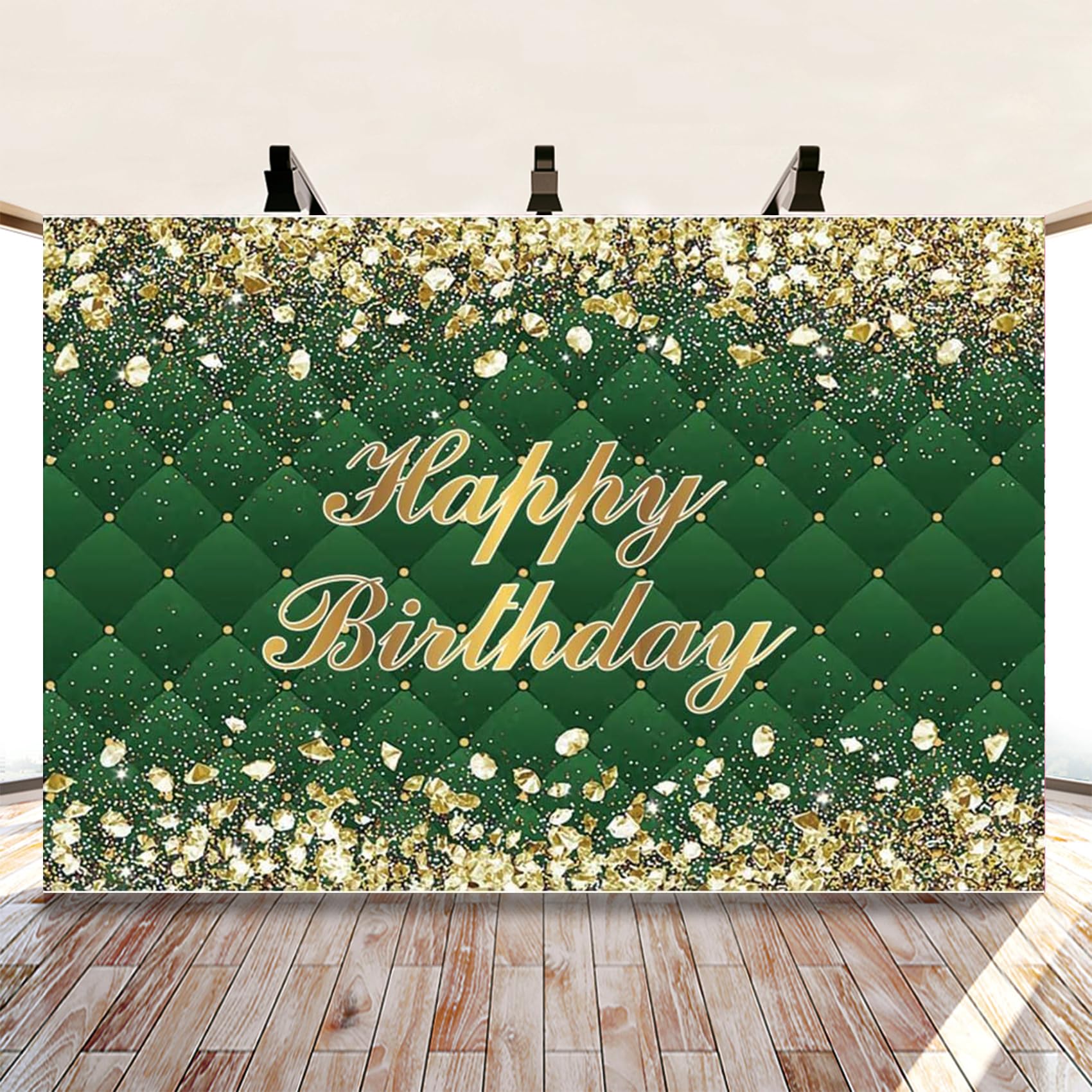 Renaiss 7X5Ft Happy Birthday Backdrop Banner For Photoshoot Portrait Gold Diamonds Green Photography Background For Men Women 30