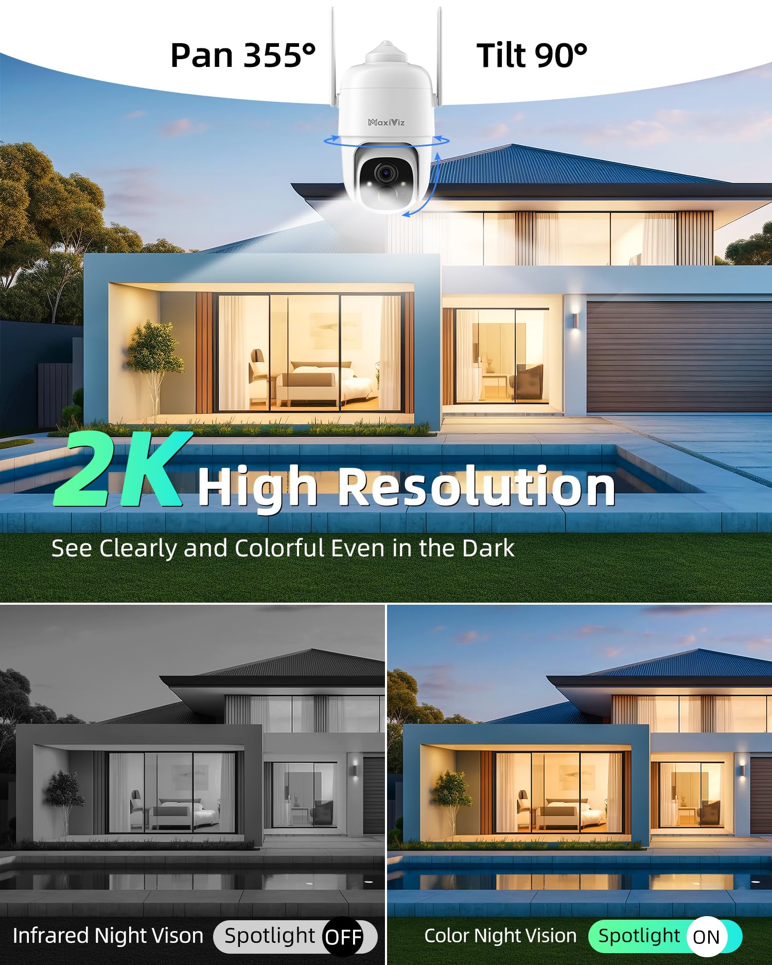 Maxiviz Solar Security Camera Wireless Outdoor, 360 View Outdoor Cameras For Home Security With Ai Motion Detection, 2K Color Ni