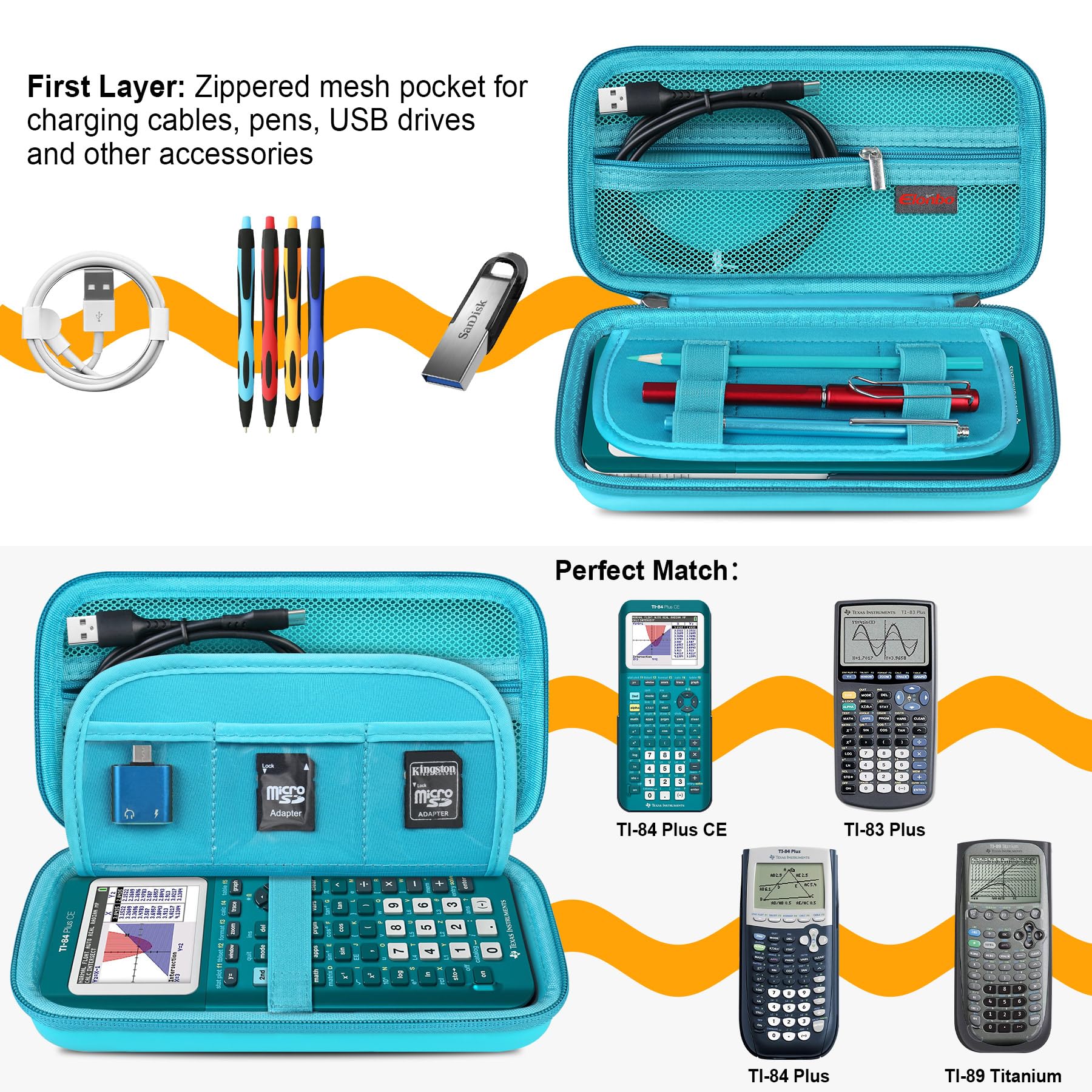 Elonbo Carrying Case For Texas Instruments Ti 84 Plus Ce/Ti 84 Plus/Ti 83 Plus Ce/Casio Fx 9750Gii Color Graphing Calculator, Extra Mesh Pocket Fits Charging Cable, Charger, Manual, Green