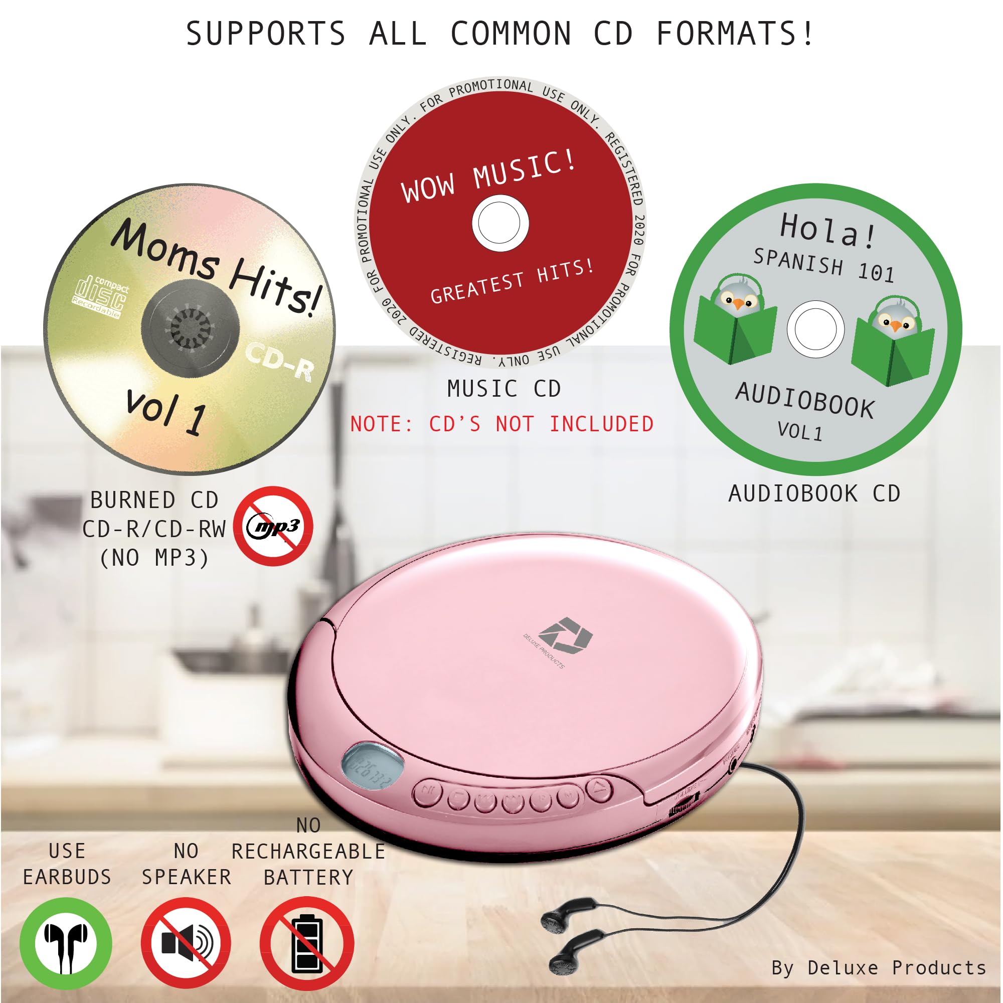 Deluxe Products Portable CD Player with 60s Anti-Skip, Stereo Earbuds, Aux Cable, Model DP-PCD-001-PK, Pink
