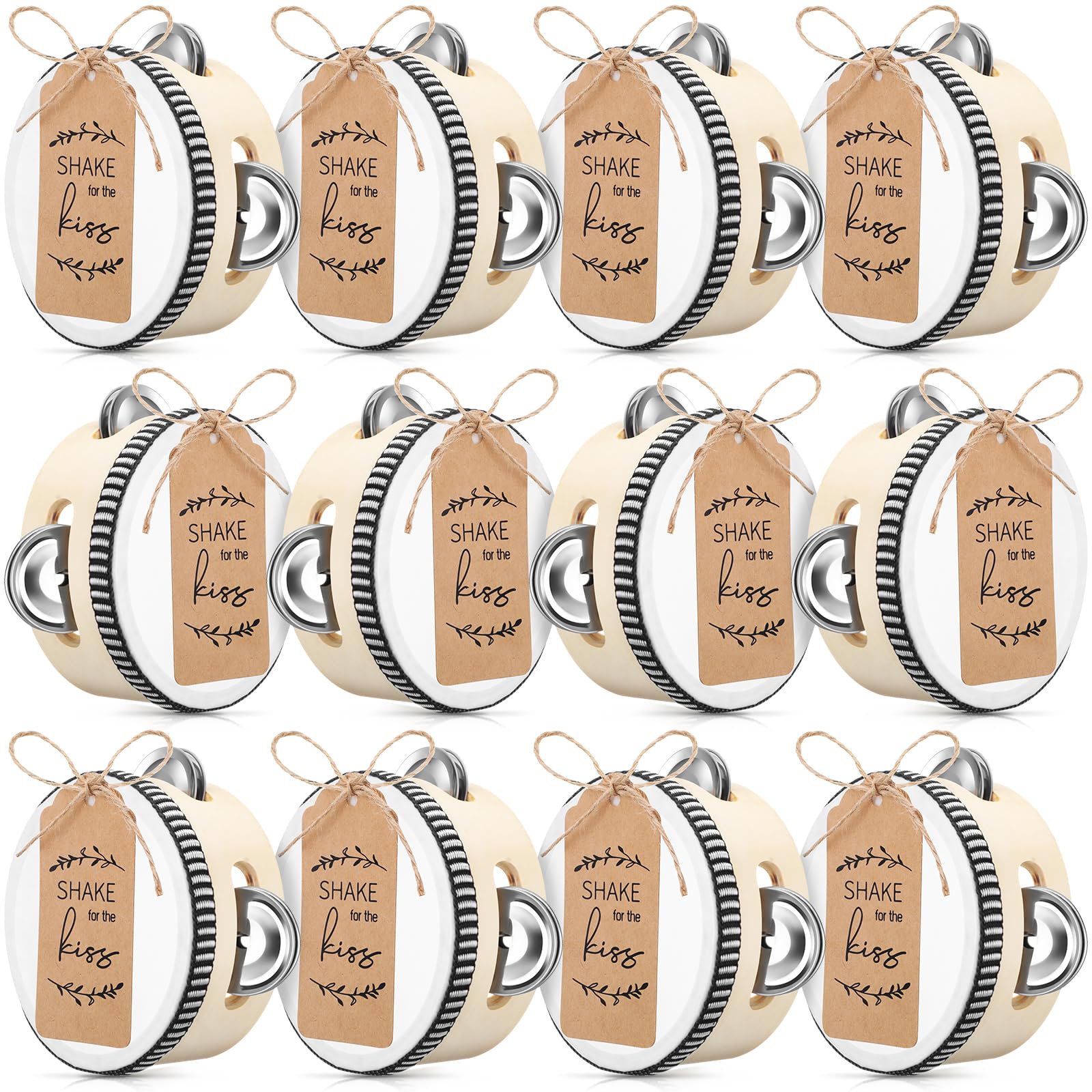 Boao 24 Sets 4 Inch Wedding Tambourines Bulk For Adults Wooden Hand Held Drum Metal Jingles With Tags Rope Percussion Gift Music