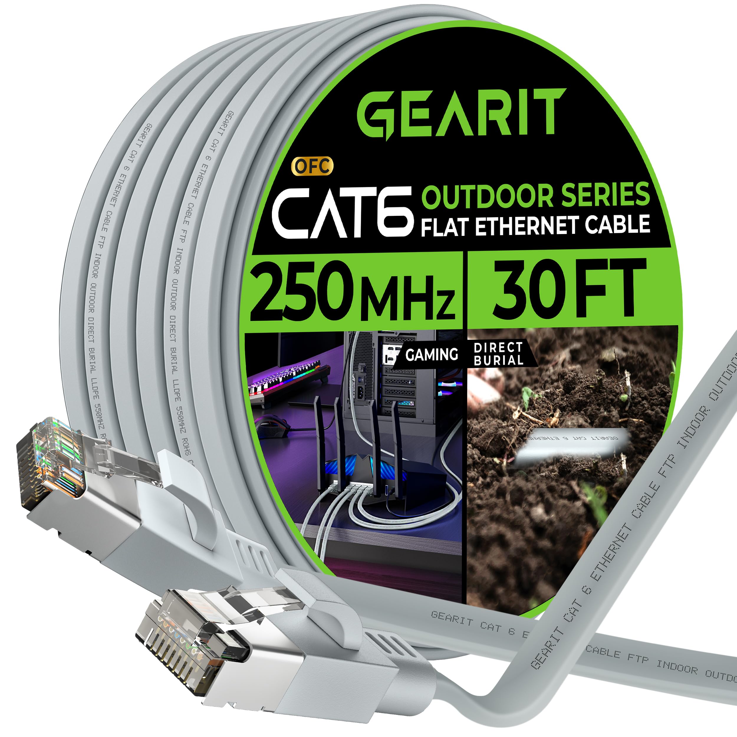 Gearit Cat 6 Outdoor Flat Ethernet Cable (30Ft, Gray) Direct Burial Rated Lldpe Jacket   Indoor Cat6 Shielded Ftp 10Gbps High Sp