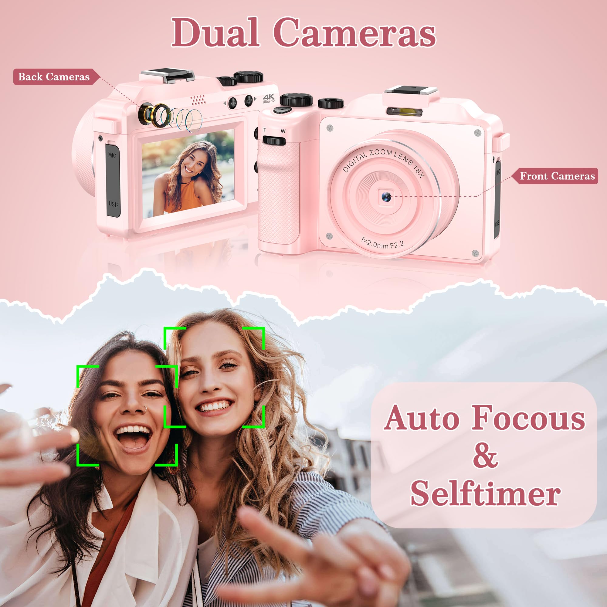 4K Digital Cameras For Photography,48Mp Wifi Vlogging Camera For Youtube,Multi Filters Point And Shoot Camera,18X Zoom,Auto Focu