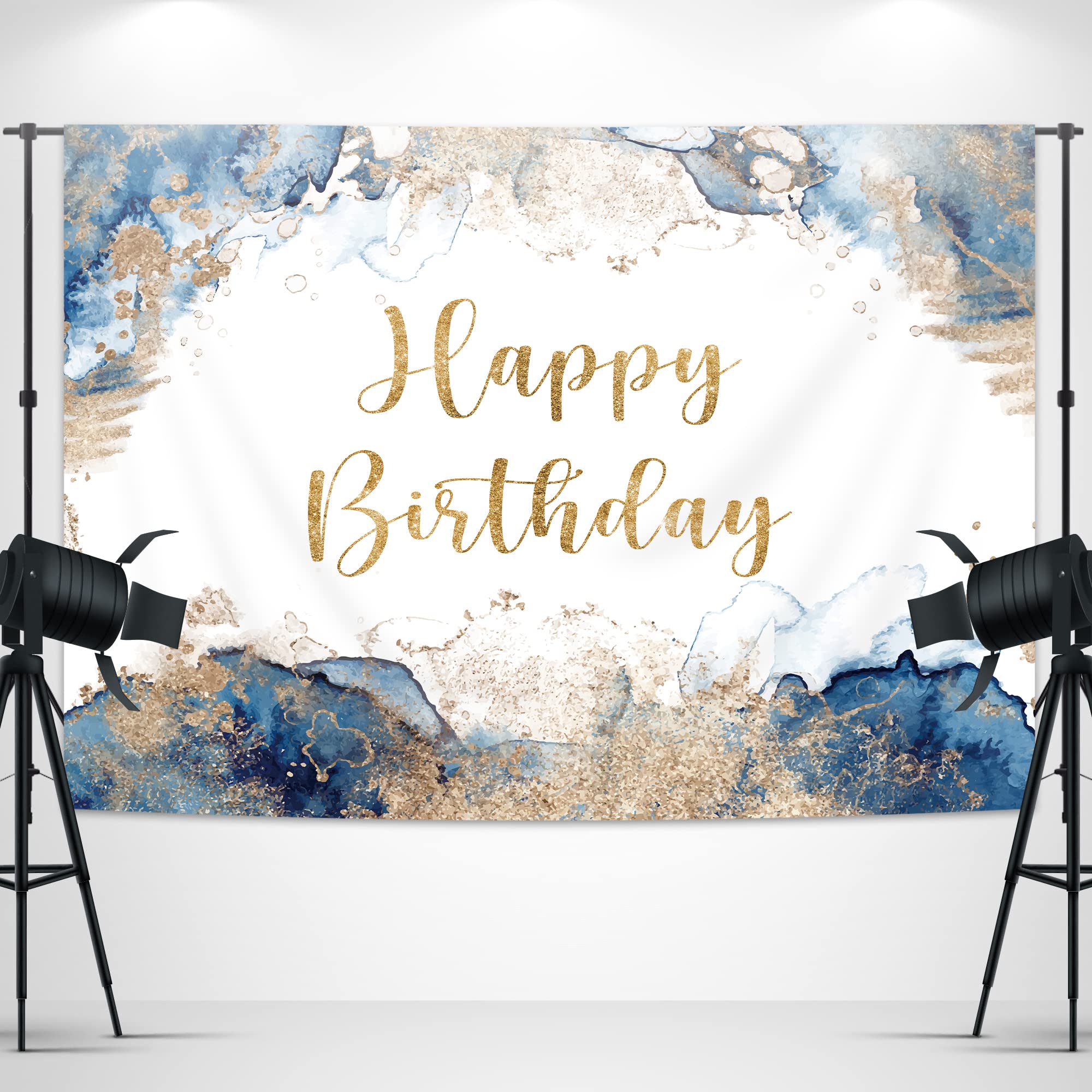 Glawry Blue Happy Birthday Backdrop Men Banner 7Wx5H Feet Abstract Watercolor Navy Golden Dots Ink Sparkle Girl Boy Women Party