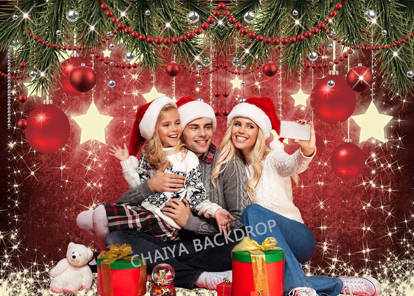 Chaiya 7X5Ft Christmas Red Background Winter Snowflake New Year'S Eve Photography Family Party Shining Stars Background Red Happ