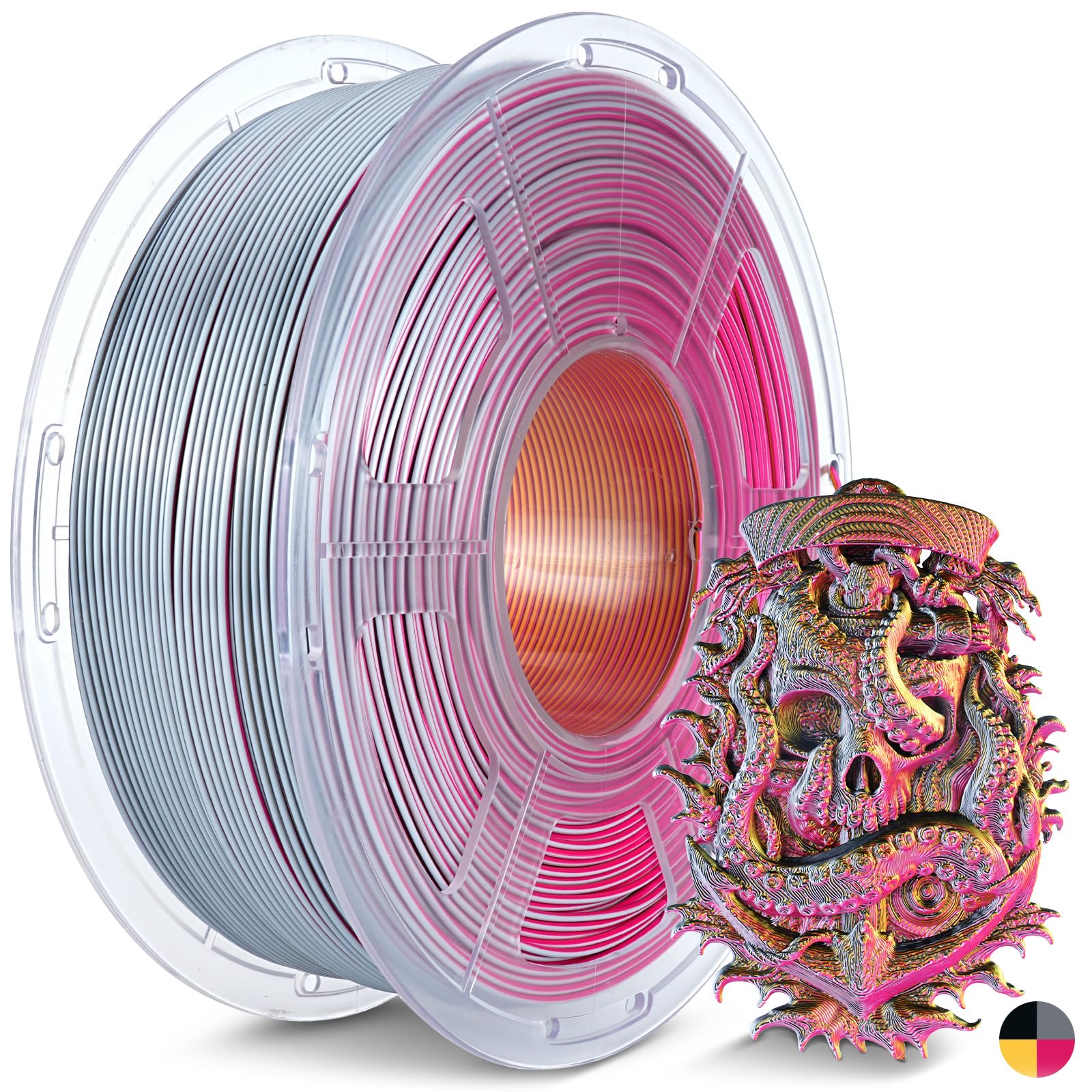 JAYO Silk Quad-Color PLA Filament 1.75mm Black-Red-Yellow-Grey 1.1kg, Four-Color Gradient PLA, High Gloss Shine, Smooth Layer Co