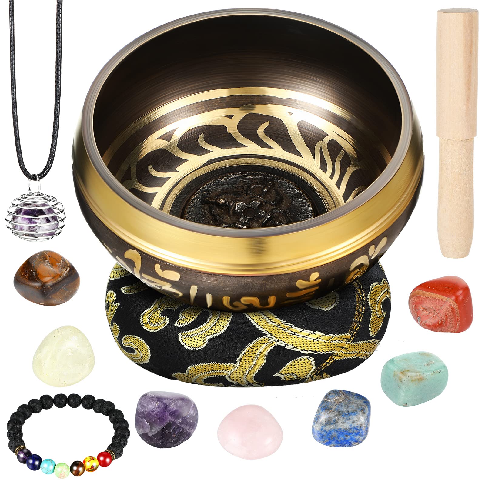 Tibetan Singing Bowls Set For Healing 3.4 Inch Meditation Sound Bath Bowl With 7 Pcs Chakra Crystal Stones Mallet Cushion Chakra Bracelet Pendant For Yoga Mindfulness Spiritual Healing(Black)
