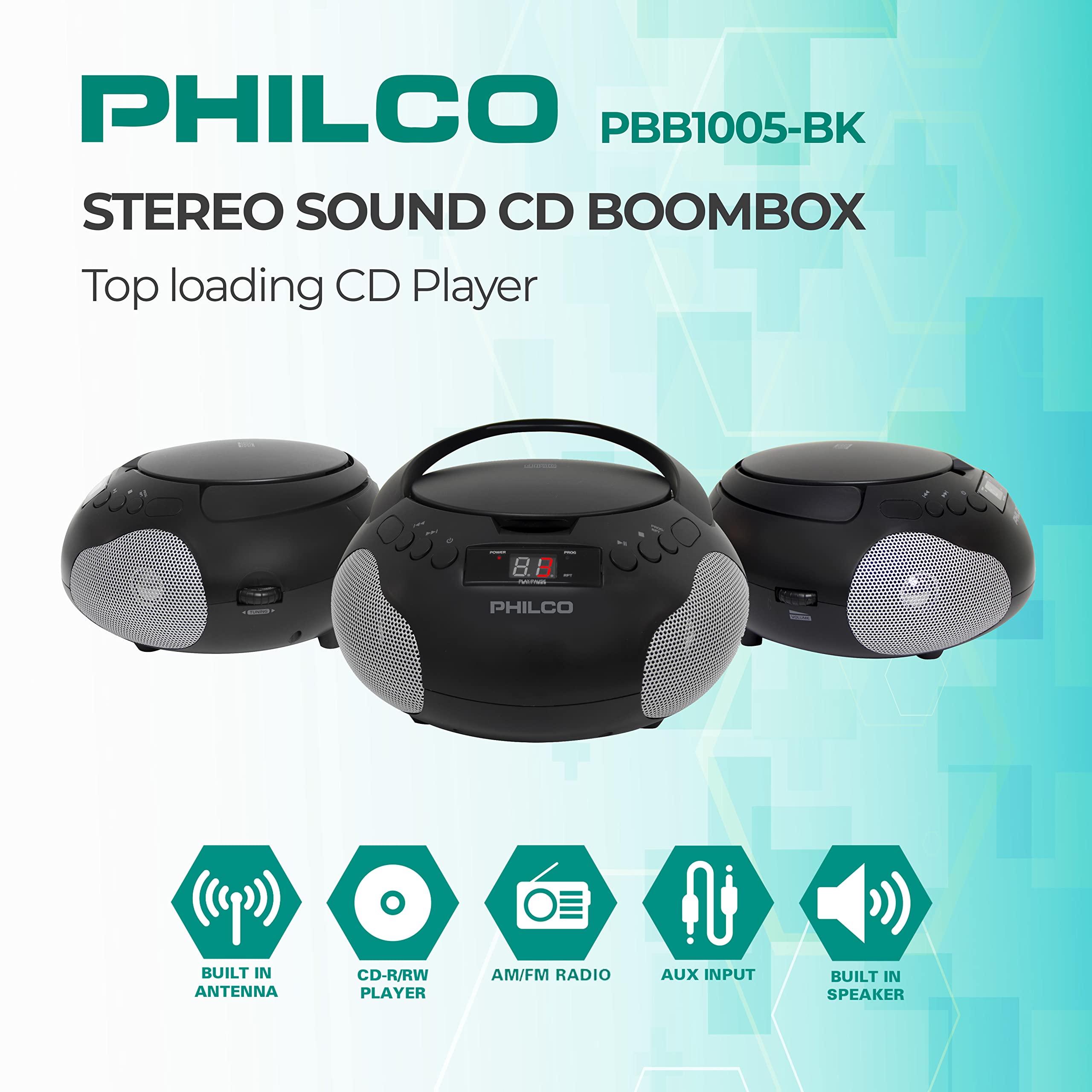 Philco Portable Cd Player Boombox With Speakers And Am Fm Radio | Black Boom Box Compatible With Cd R/Cd Rw And Audio Cd | 3.5Mm