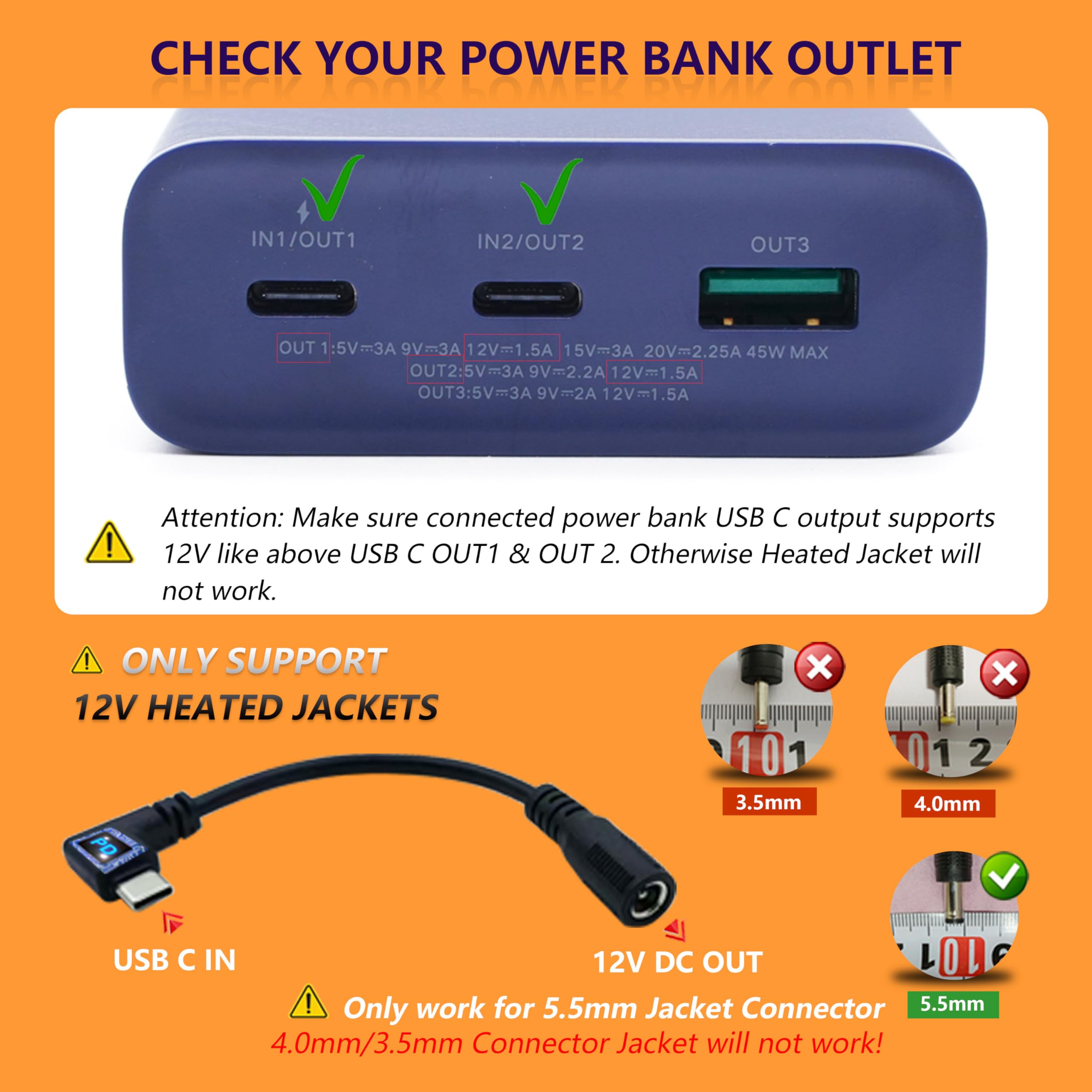 Wamlet Heated Jacket Charger Usb Voltage Step Up Dc Plug For Milwaukee, Dewalt, Snap On, Metabo, Revean, Craftsman, Aeg, Makita