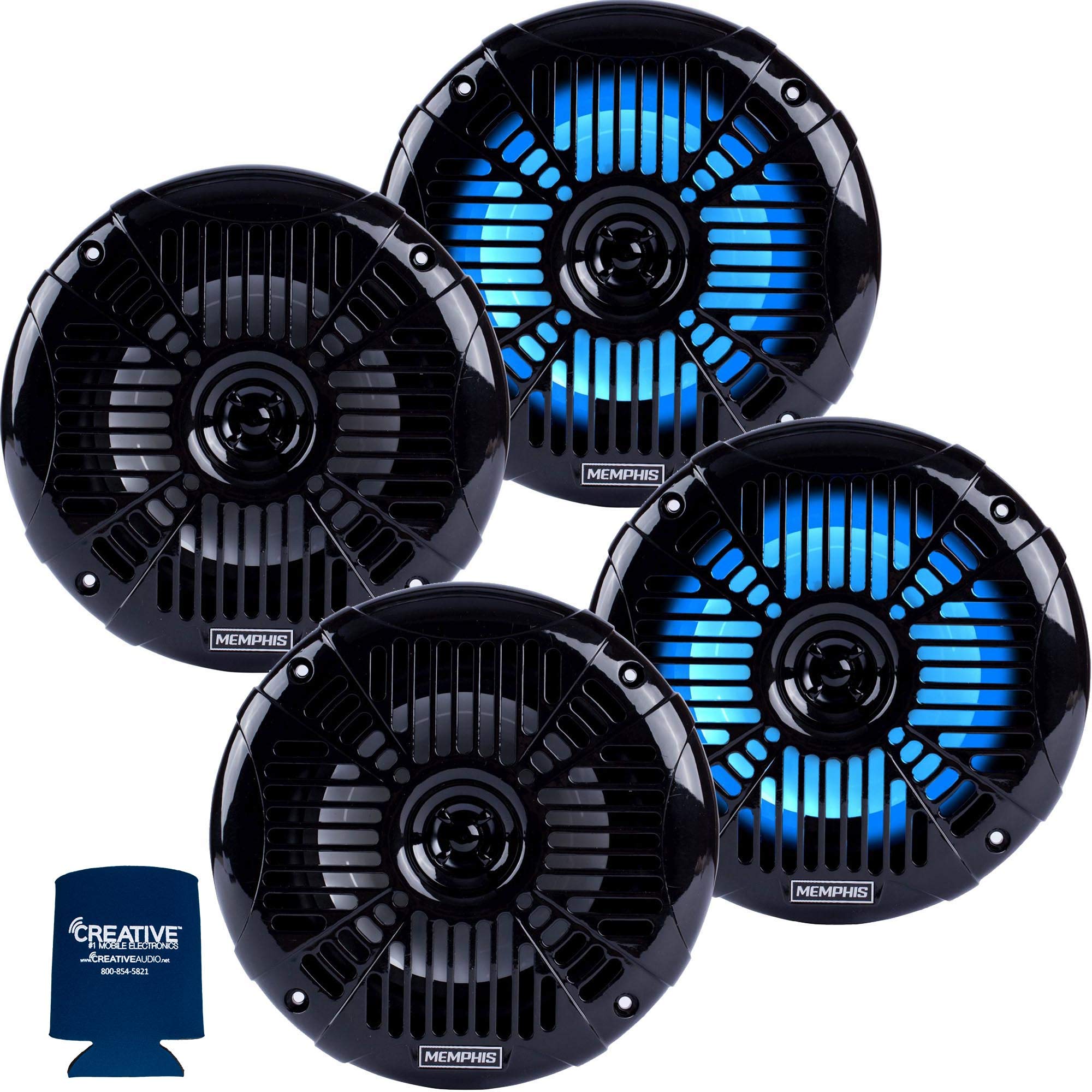 Memphis LED Marine Speaker Pack: 2 Pairs of MXA602SLB 6.5 Marine Grade Coaxial Speakers, Black with Blue LED