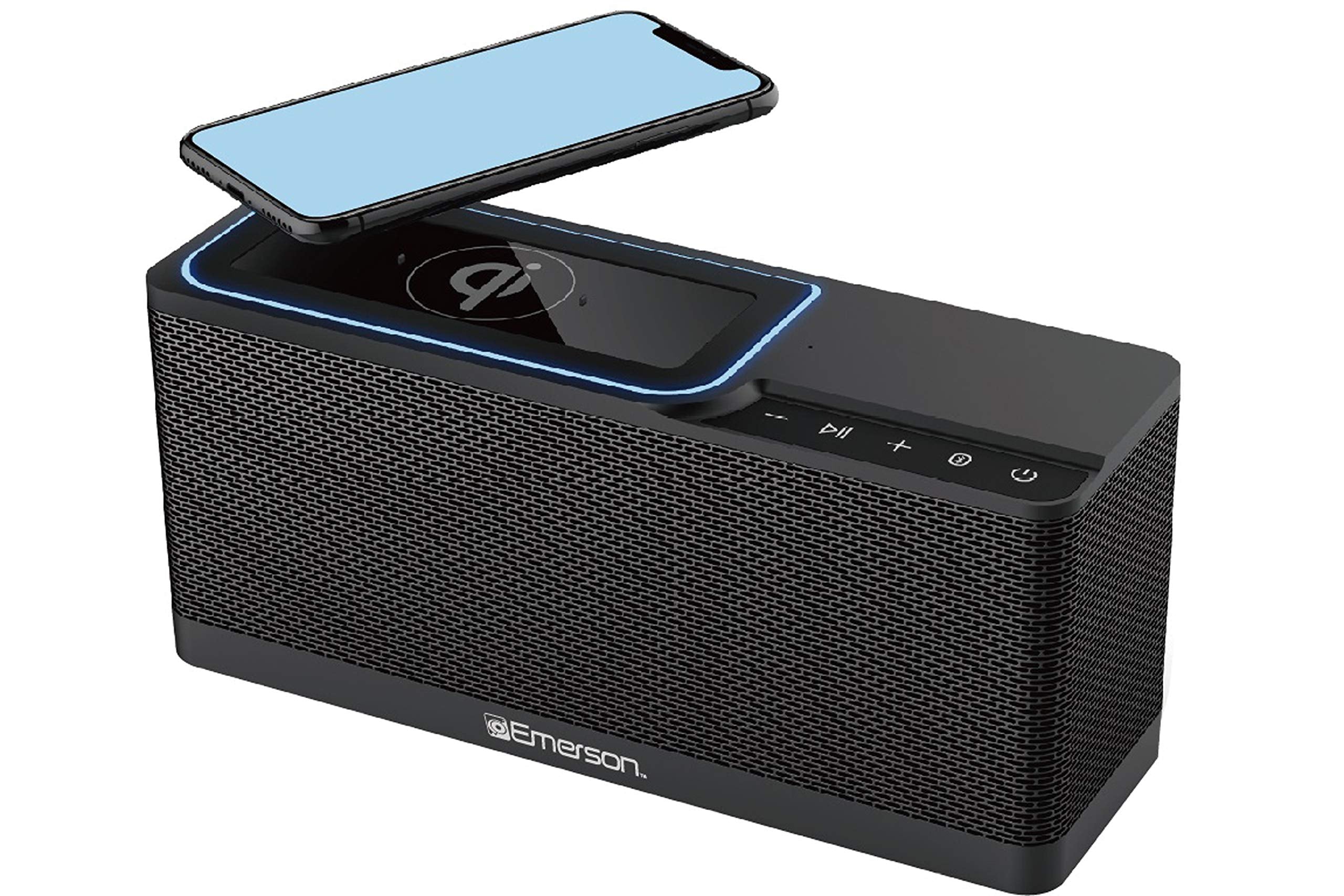 Emerson ER-BTW100 Portable Bluetooth Speaker with 20 Watt Stereo, QI Wireless Charging, Hands Free Calling and Additional USB Ch
