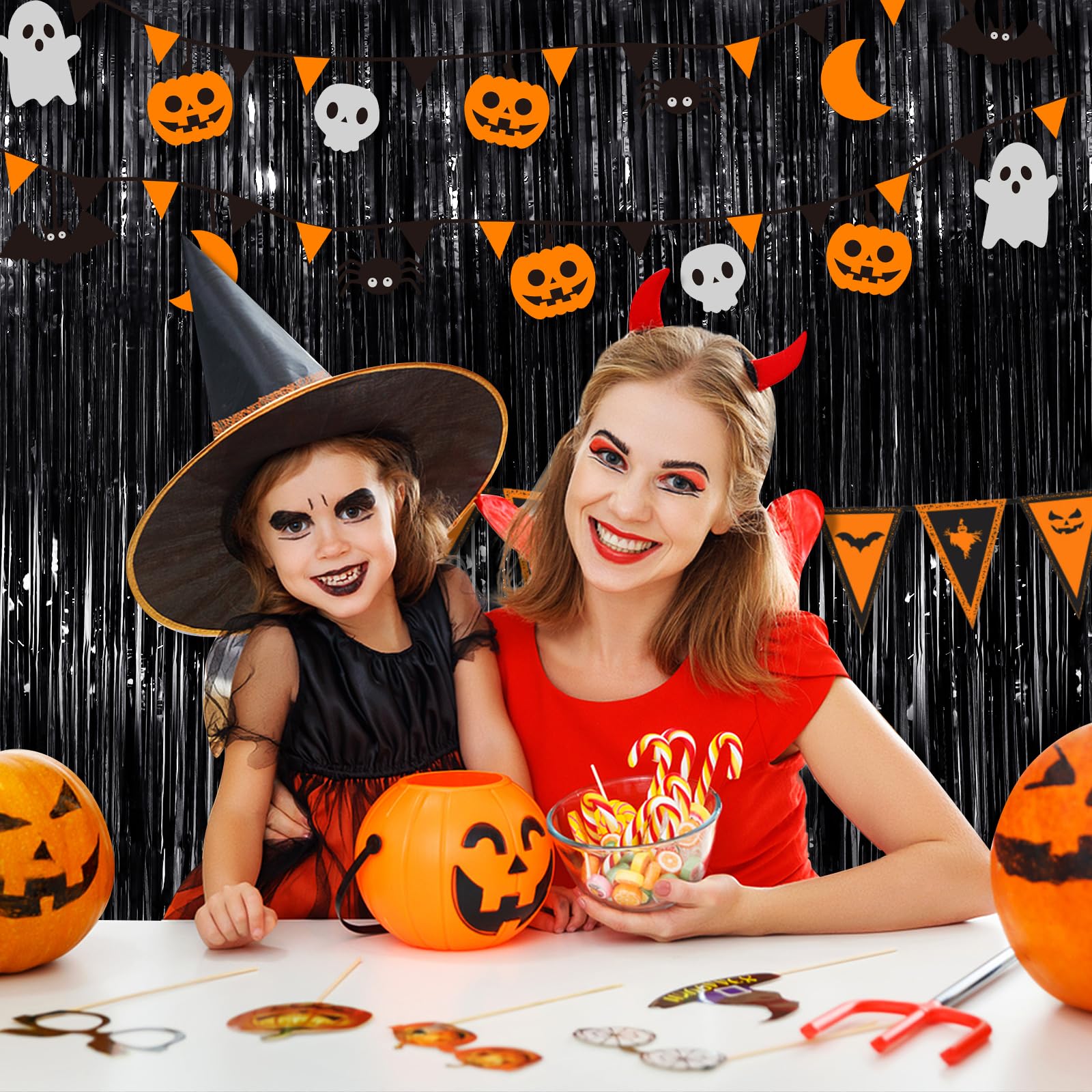 Black Metallic Tinsel Foil Fringe Curtains, 2 Pack 3.3X8.3 Feet Party Streamer Curtains For Birthday Party Decorations, Hallowee