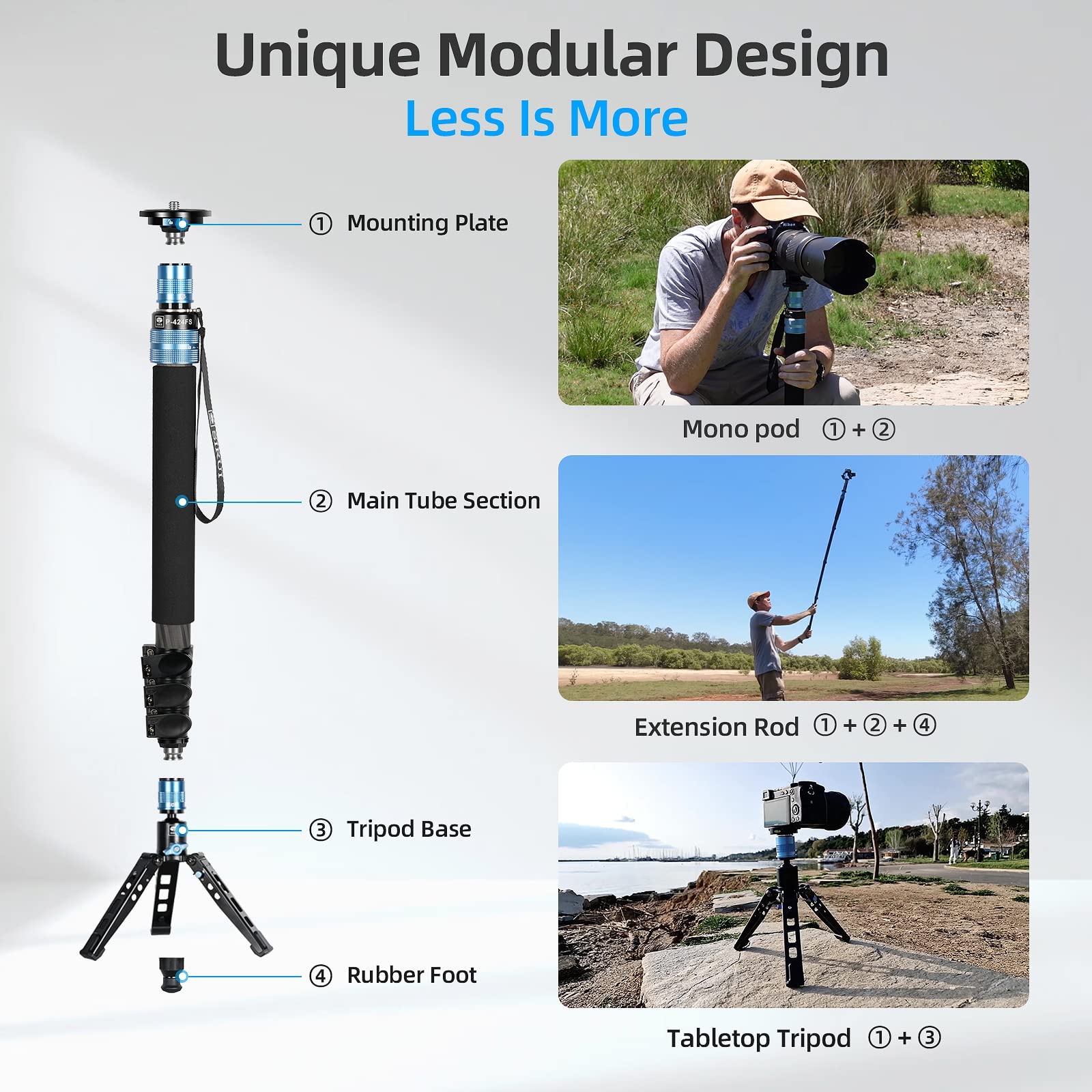 Sirui P 424Fs Carbon Fiber Monopod, 63' Professional Monopod For Cameras, Lightweight Monopod With Feet, 4 Section, 360� Panorama, Modular 3 In 1, Quick Release Plate, Max Load 12Kg/26Lbs