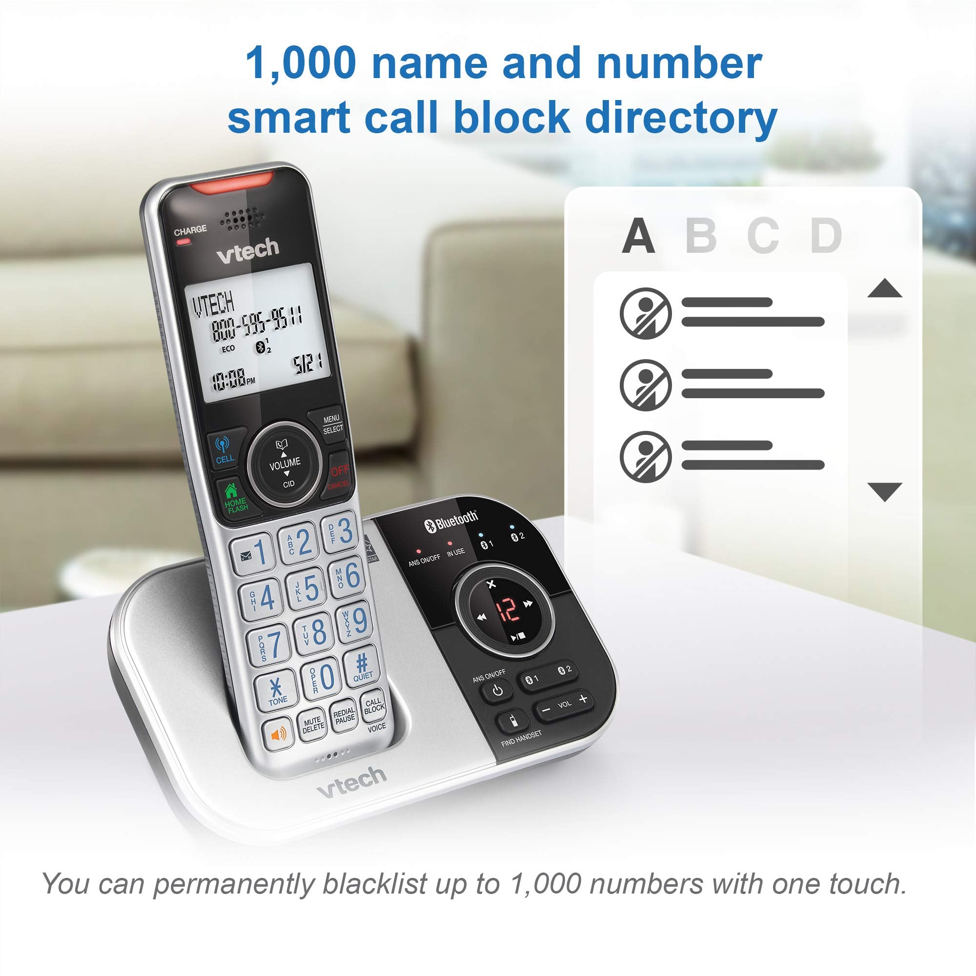 Vtech Vs112 Cordless Phone For Home With Answering Machine, Call Blocking, Caller Id, Intercom And Connect To Cell (Silver & Bla