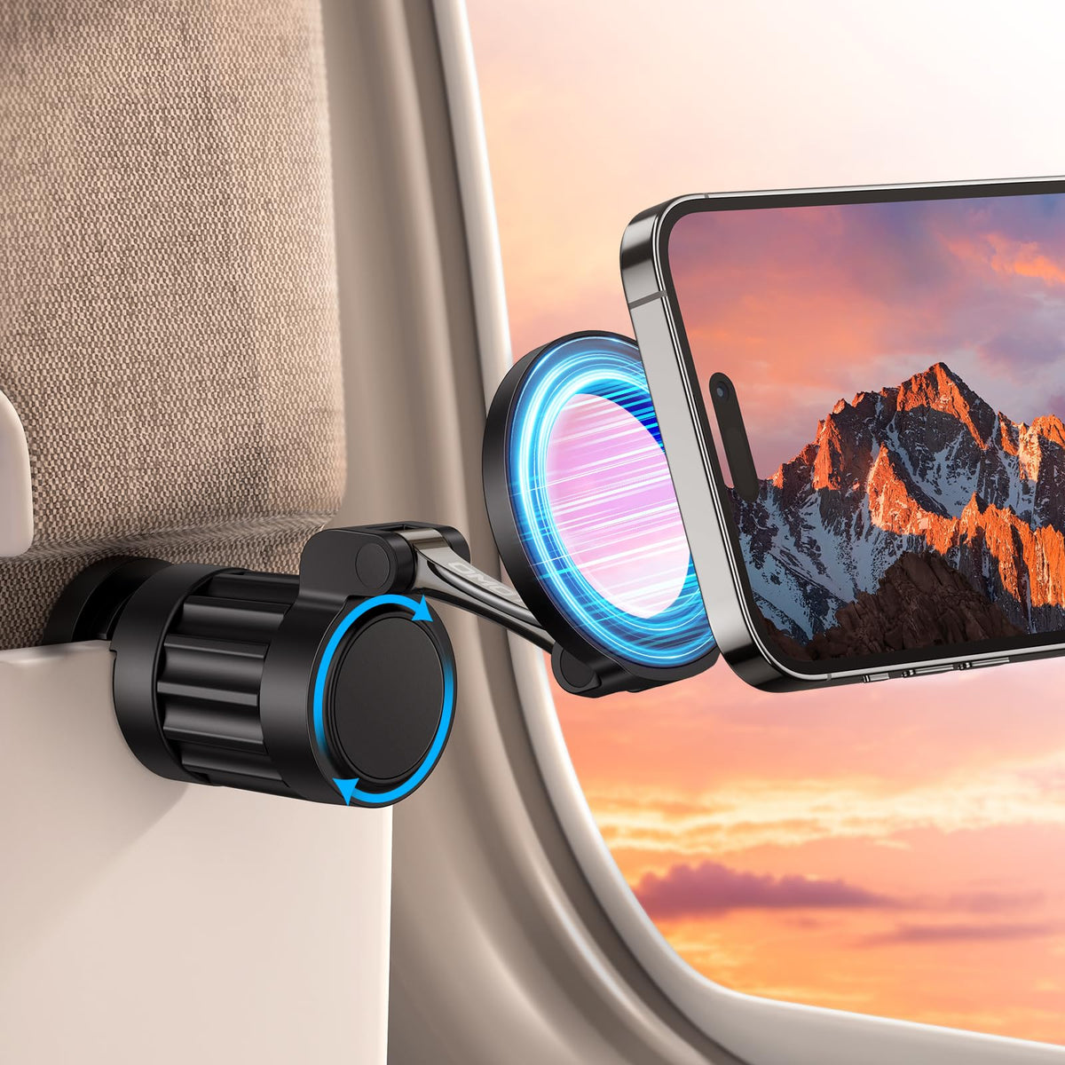 Omoton 360Rotating Magnetic Airplane Phone Holder Mount, For Magsafe Airplane Travel Essentials Accessories, Adjustable Foldable