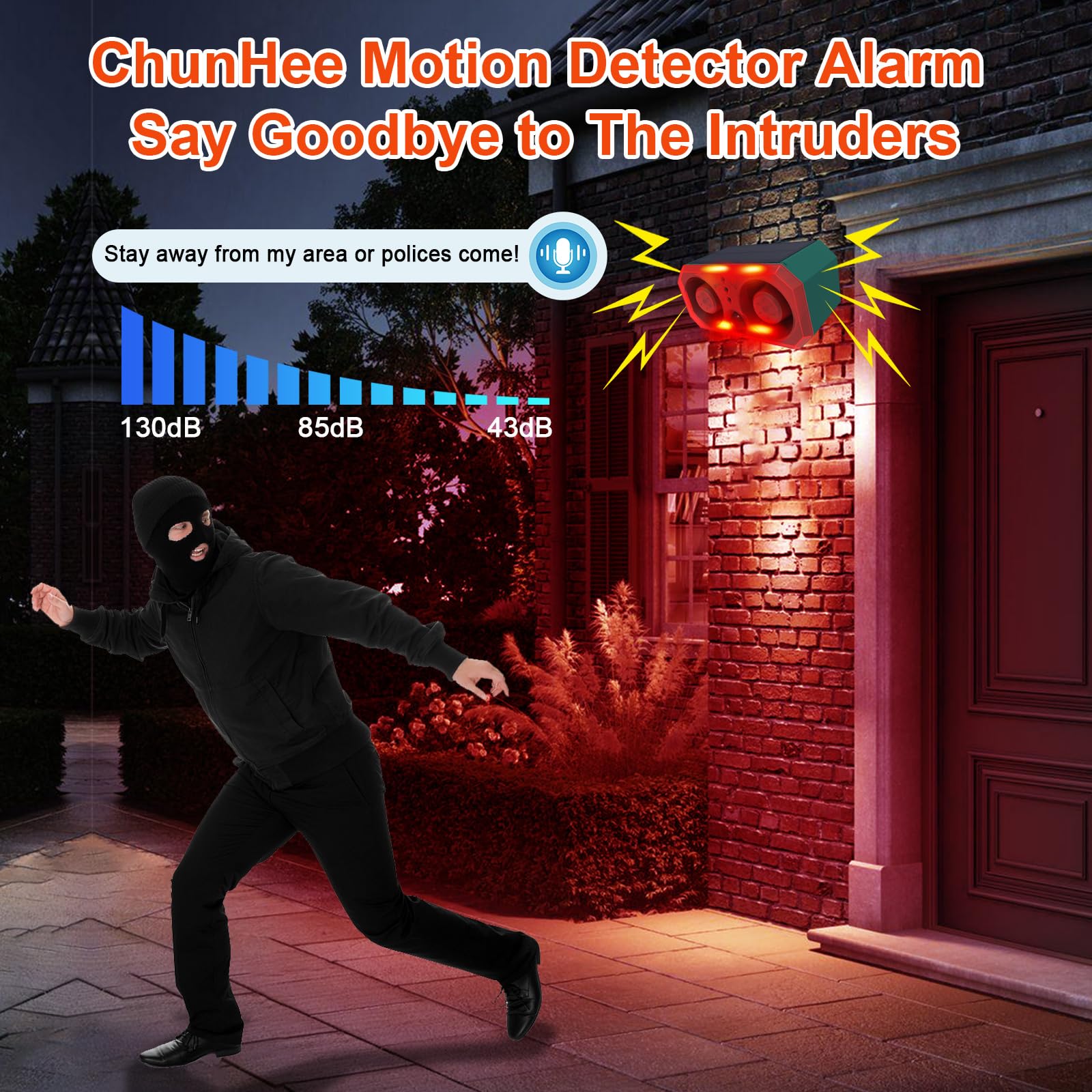 Chunhee Solar Outdoor Motion Sensor Alarm With 13 Sounds, Support Recording And Adjustable Volume, 130Db Dual Speaker Motion Det