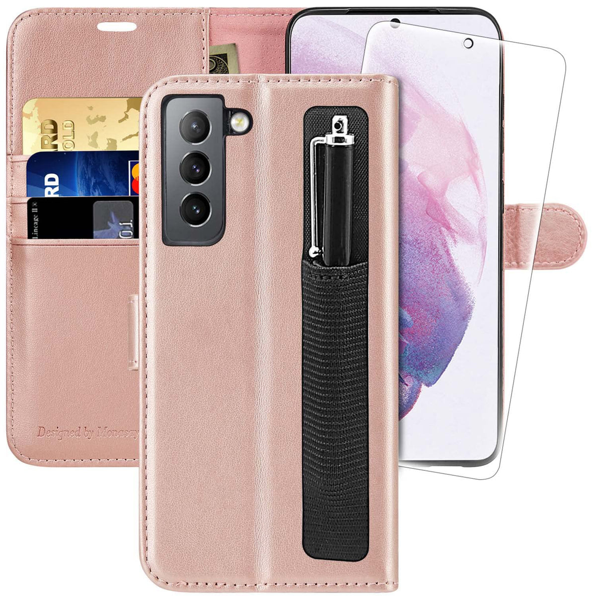 Monasay Galaxy S21+Plus 5G Wallet Case, 6.7 Inch [Screen Protector Included][Rfid Blocking] Flip Folio Leather Cell Phone Cover 