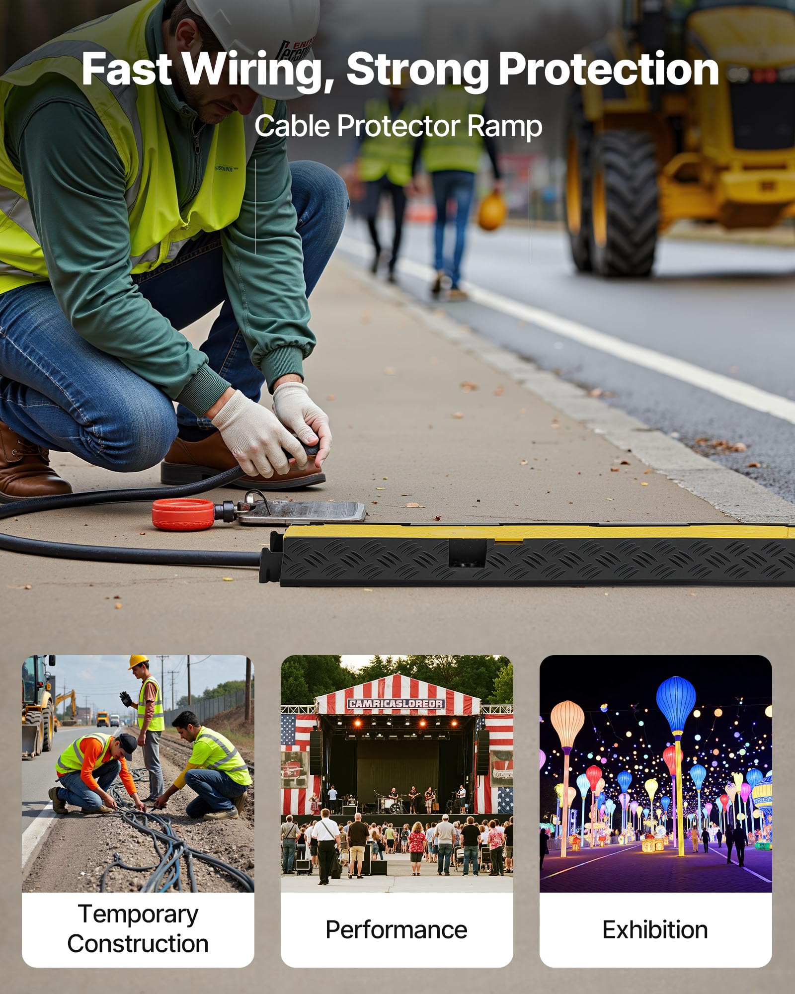 Vevor Cable Protector Ramp, 2 Channel Rubber Cord Hose Wire Cover, 1.3 X 1.2 In Channel Size, 39.57 Traffic Driveway Speed Bum