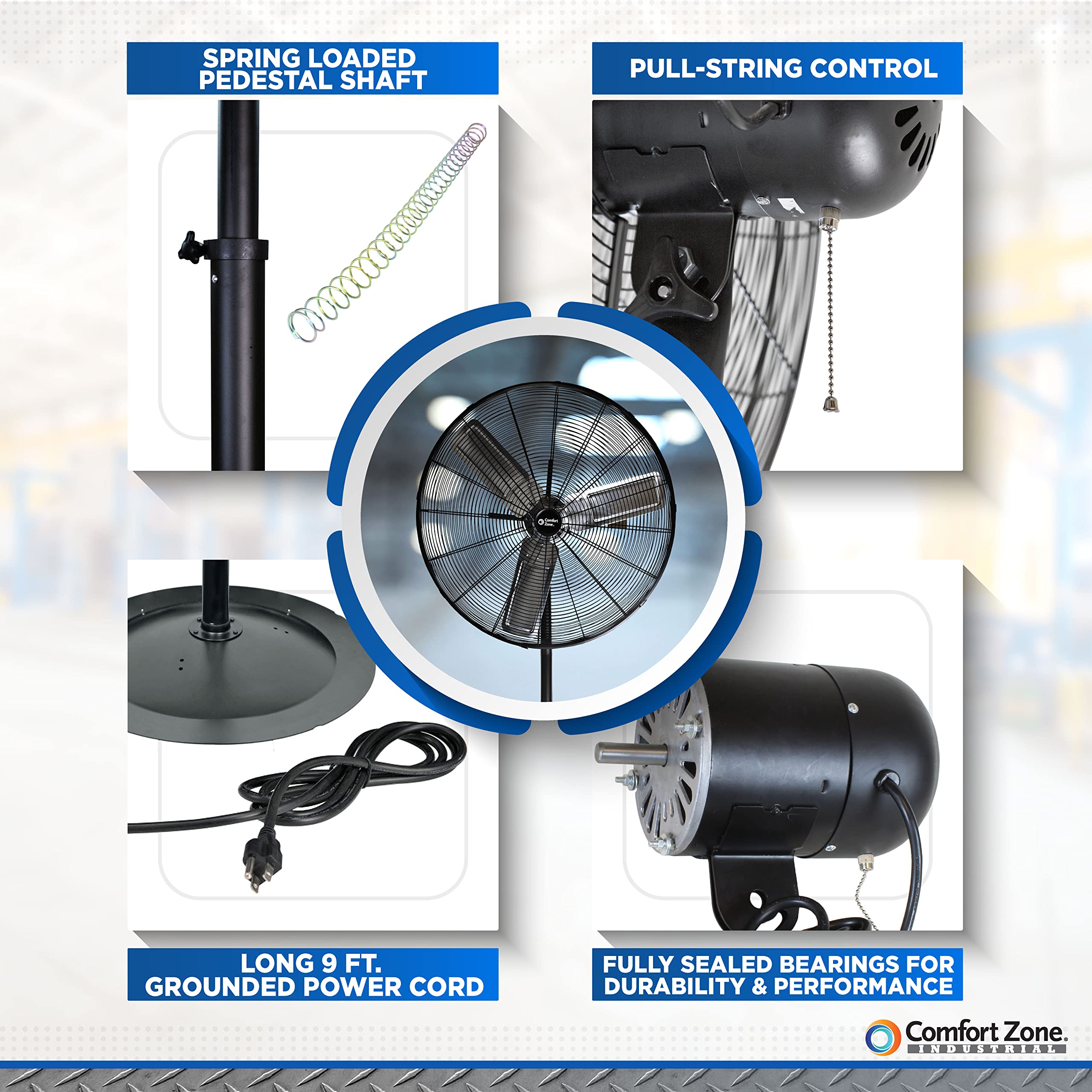 Comfort Zone Industrial Pedestal Fan, 30 Inch, 3 Speed, High Velocity, Adjustable Height 56    To 76   , Metal, Meets Osha Stand