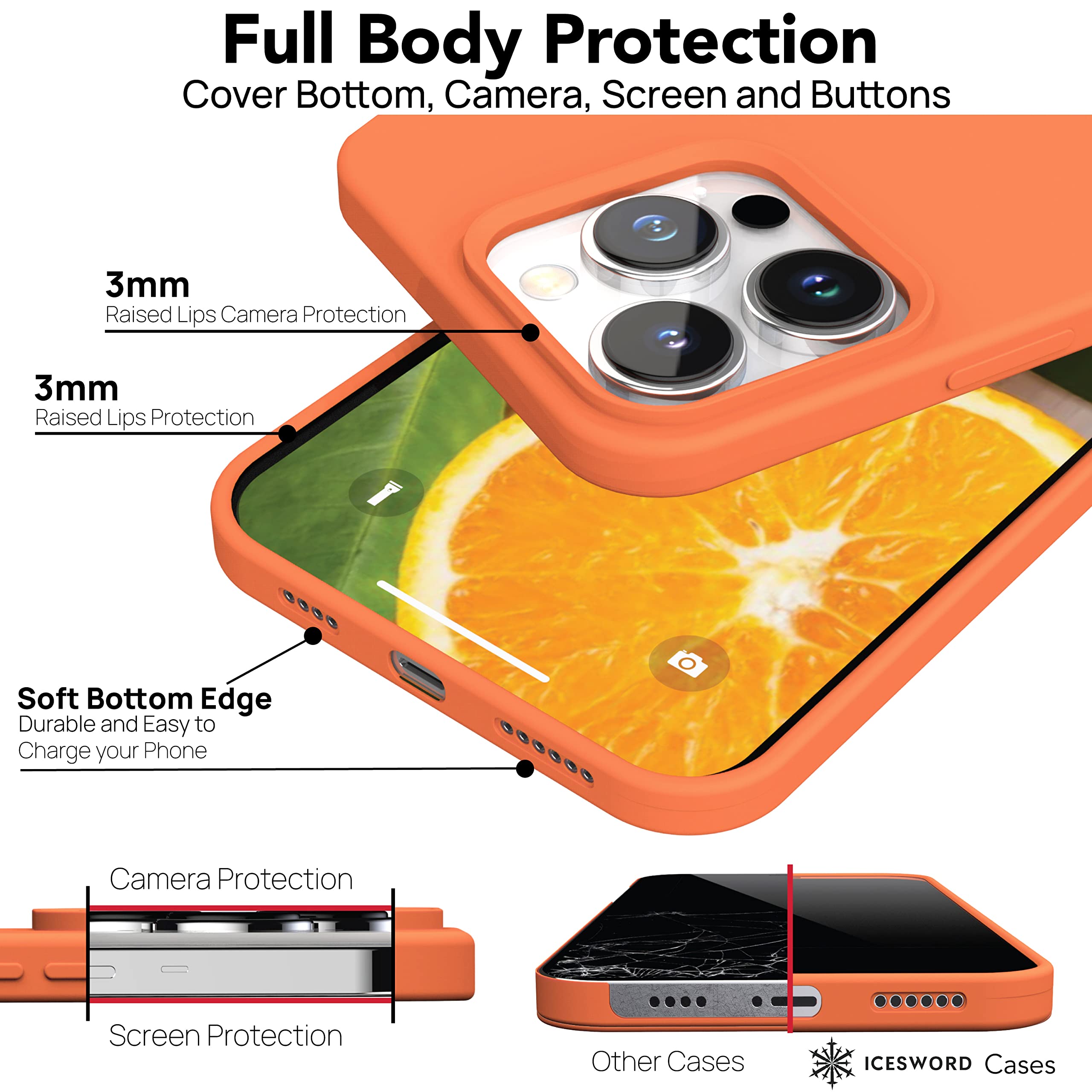 IceSword iPhone 14 Pro Case Slim Protective Shockproof Liquid Silicone Orange 6.1 inch