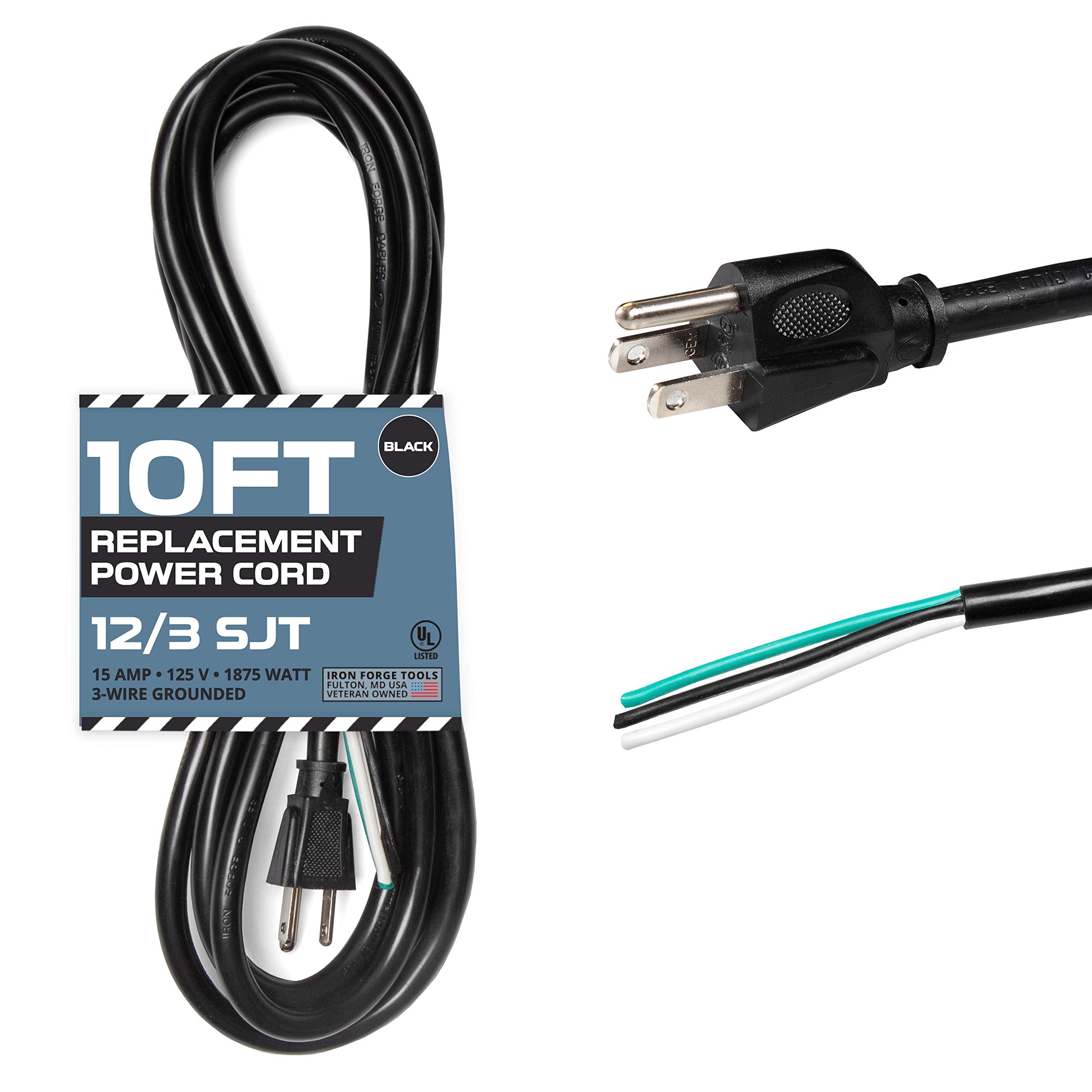Iron Forge Cable 12 Awg Replacement Power Cord With Open End   10 Ft Black Extension Cable, 12/3 Sjt, Nema 5 15P