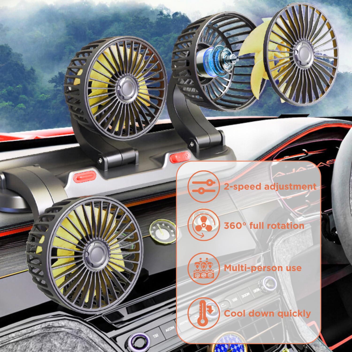 Crethinkaty 12V Car Cooling Three Head Fan, 360 Rotation, 2 Speed Adjustable, 51 Inch Cord Length, Portable Car Cooling Fan For