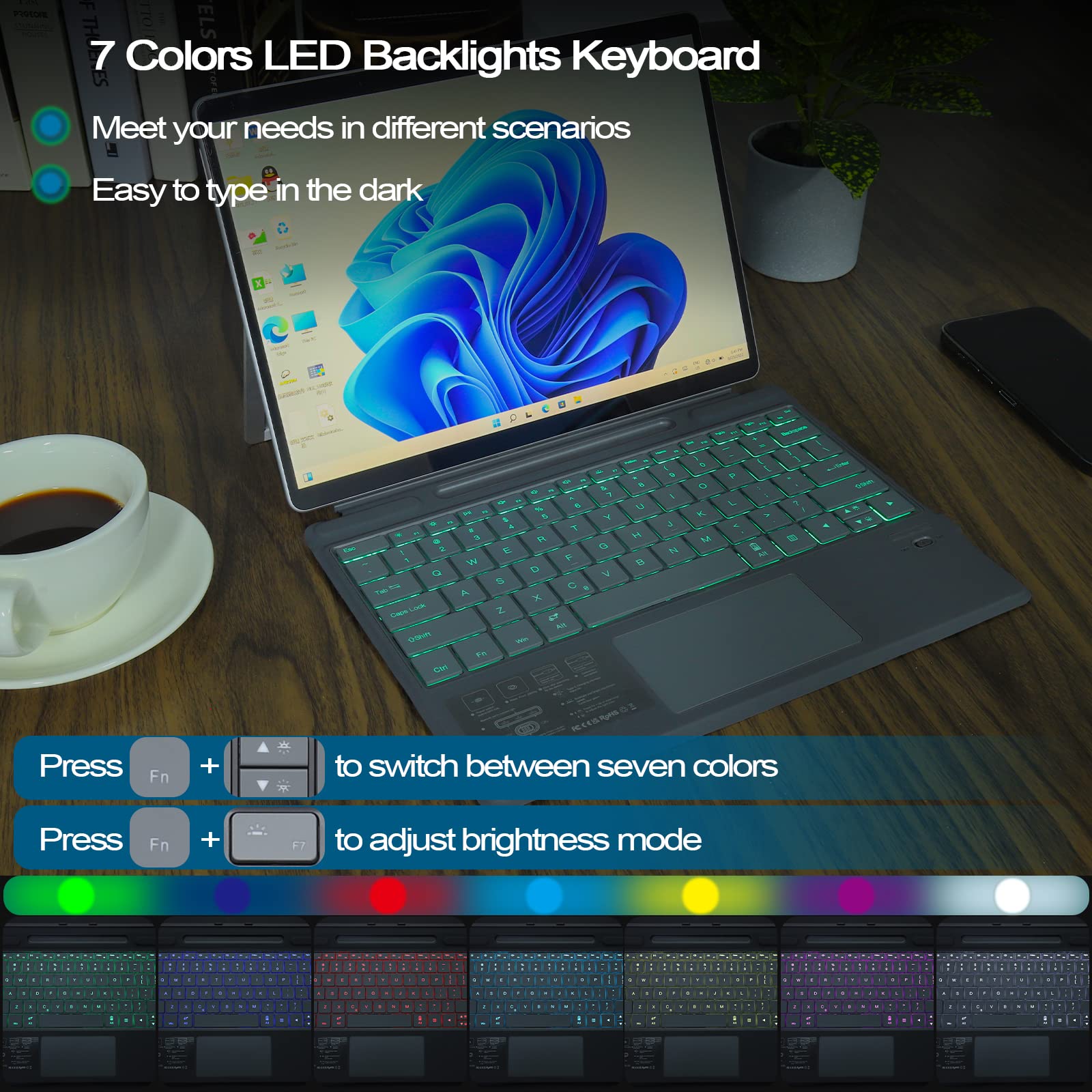 Qulose Surface Pro 8 Keyboard, 7 Color Backlight Keyboard For Surface Pro 8 13 Inch, Detachable Surface Pro 9 2022 / Surface Pro