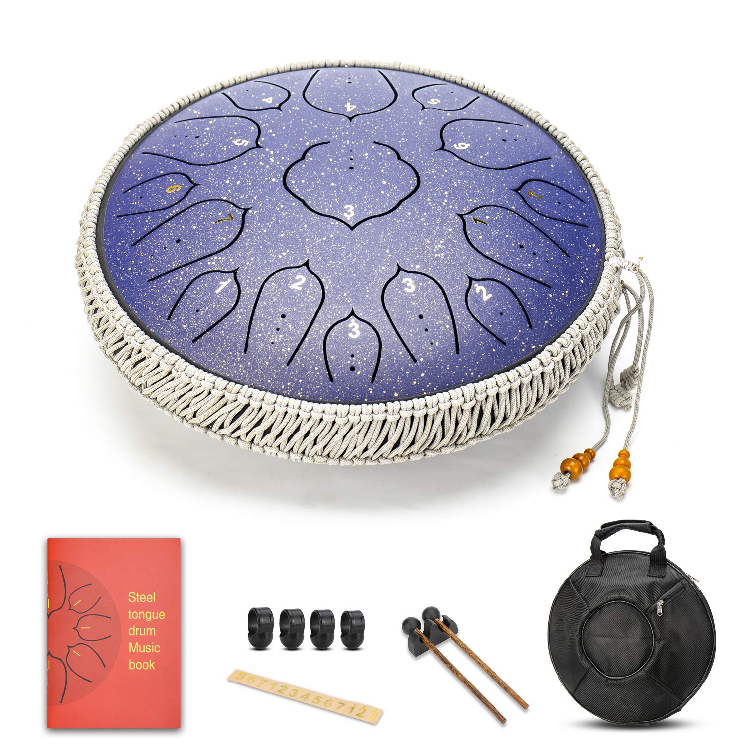 Blue 15 Notes 14 Inches Steel Tongue Drum Healing Drum Wide Range Steel Drum With Carrying Bag & Mallets, Gift Idea