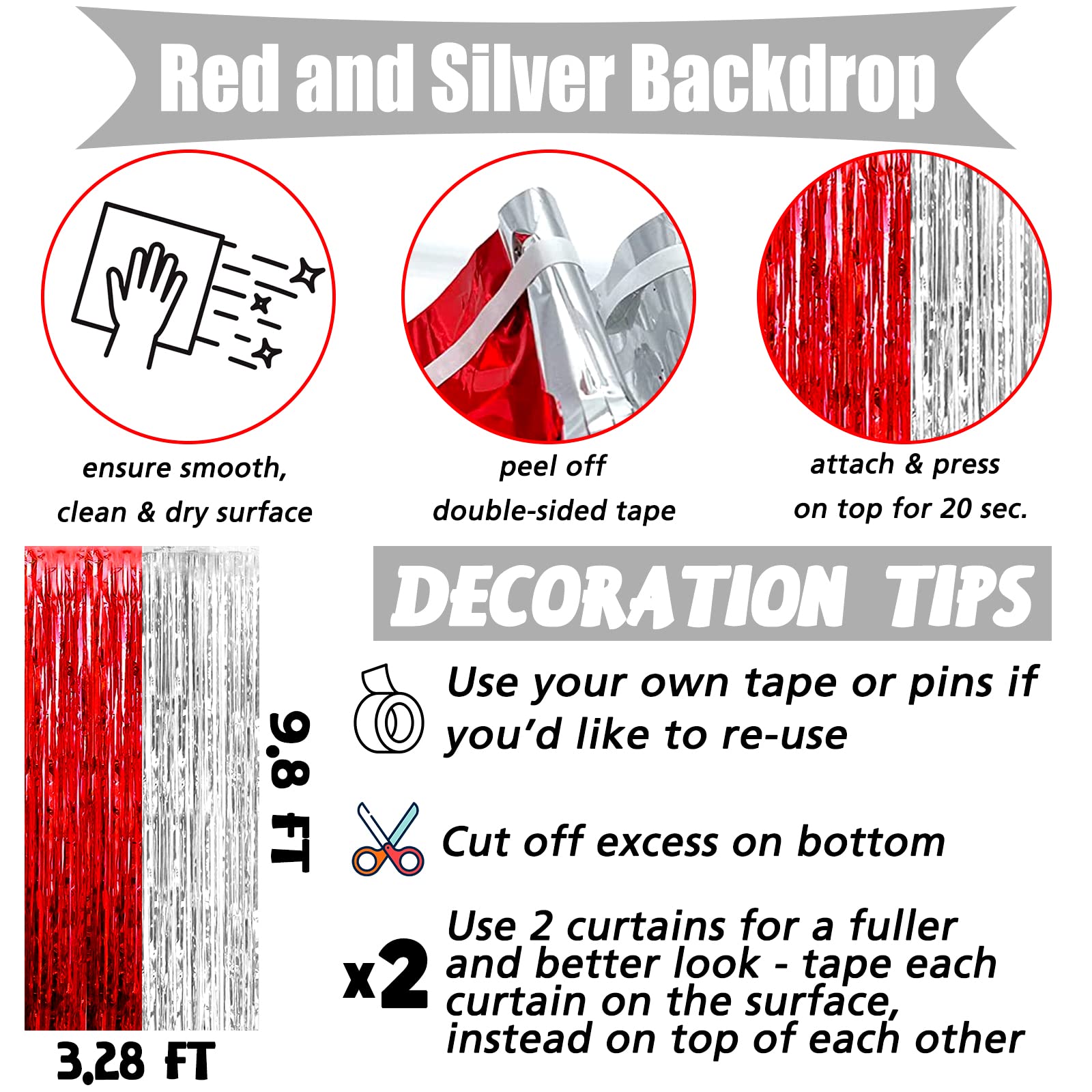 4 Pack 3.2Ft X 9.8Ft Red And Silver Fringe Curtain Backdrop, Metallic Tinsel Foil Fringe Streamers Curtains Background For Photo