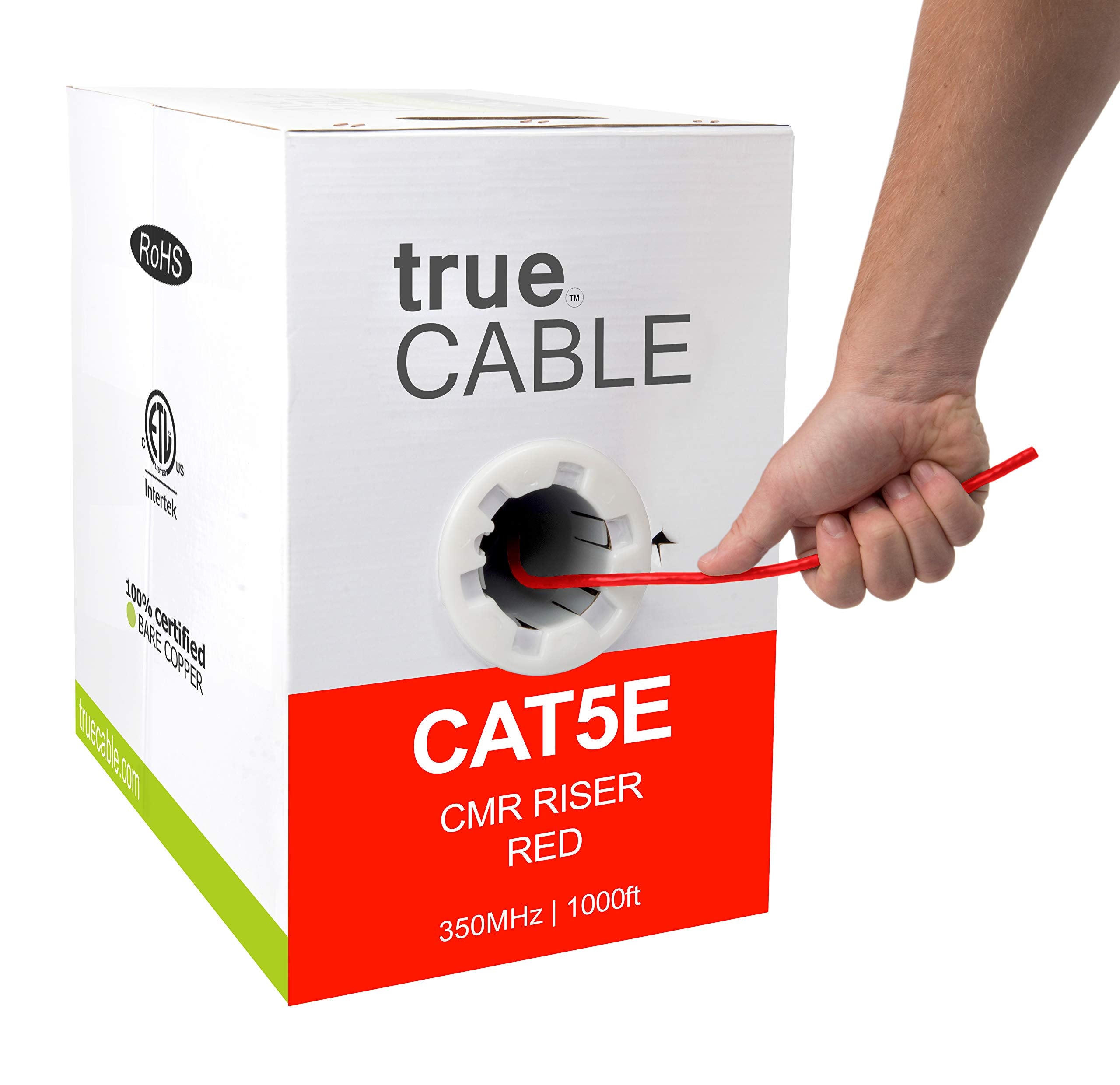 Truecable Cat5E Riser (Cmr), 1000Ft, Red, 24Awg 4 Pair Solid Bare Copper, 350Mhz, Poe++ (4Ppoe), Etl Listed, Unshielded Twisted Pair (Utp), Bulk Ethernet Cable