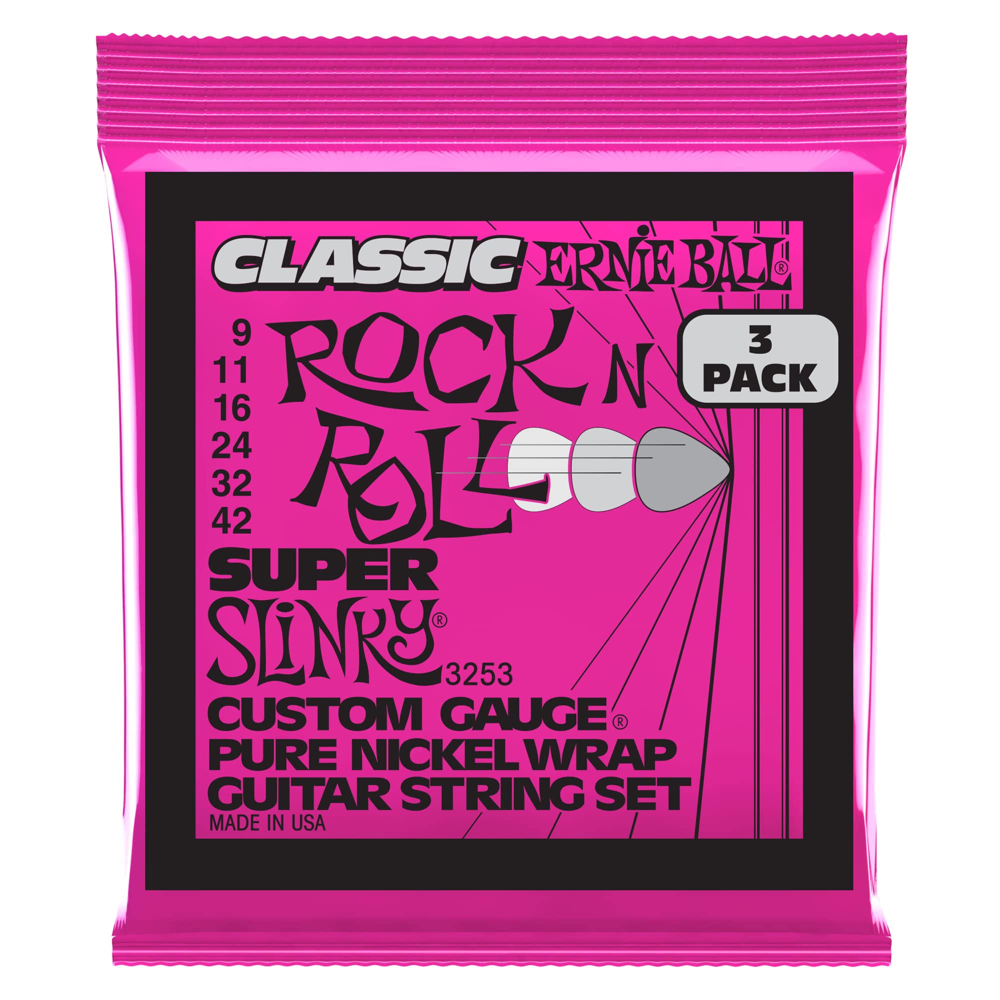 Ernie Ball Super Slinky Classic Pure Nickel Electric Guitar Strings 3 Pack, 9 42 Gauge (P03253)
