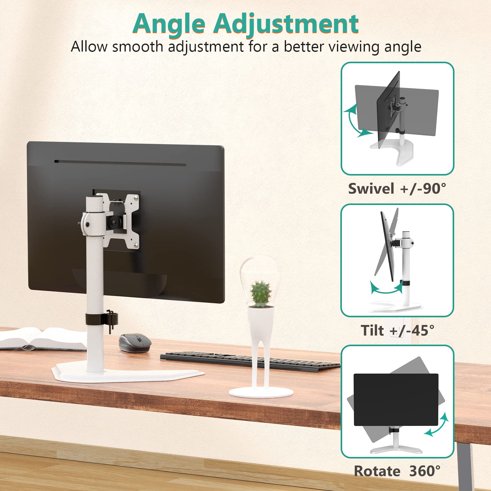 WALI Single Monitor Stand, Free Standing Desk Stand with Mounting Holes 75 to 100, Fully Adjustable Mount Fits One Screen up to 32 inch (MF001 W), White