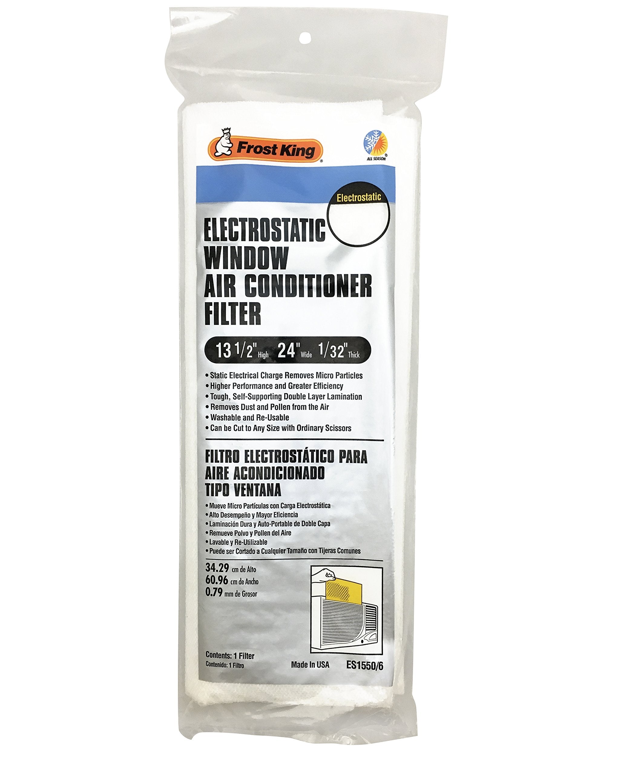Frost King Es1550/6 Window Air Conditioner Electrostatic Filter, 13.5'' X 24'' X 1/4'', White