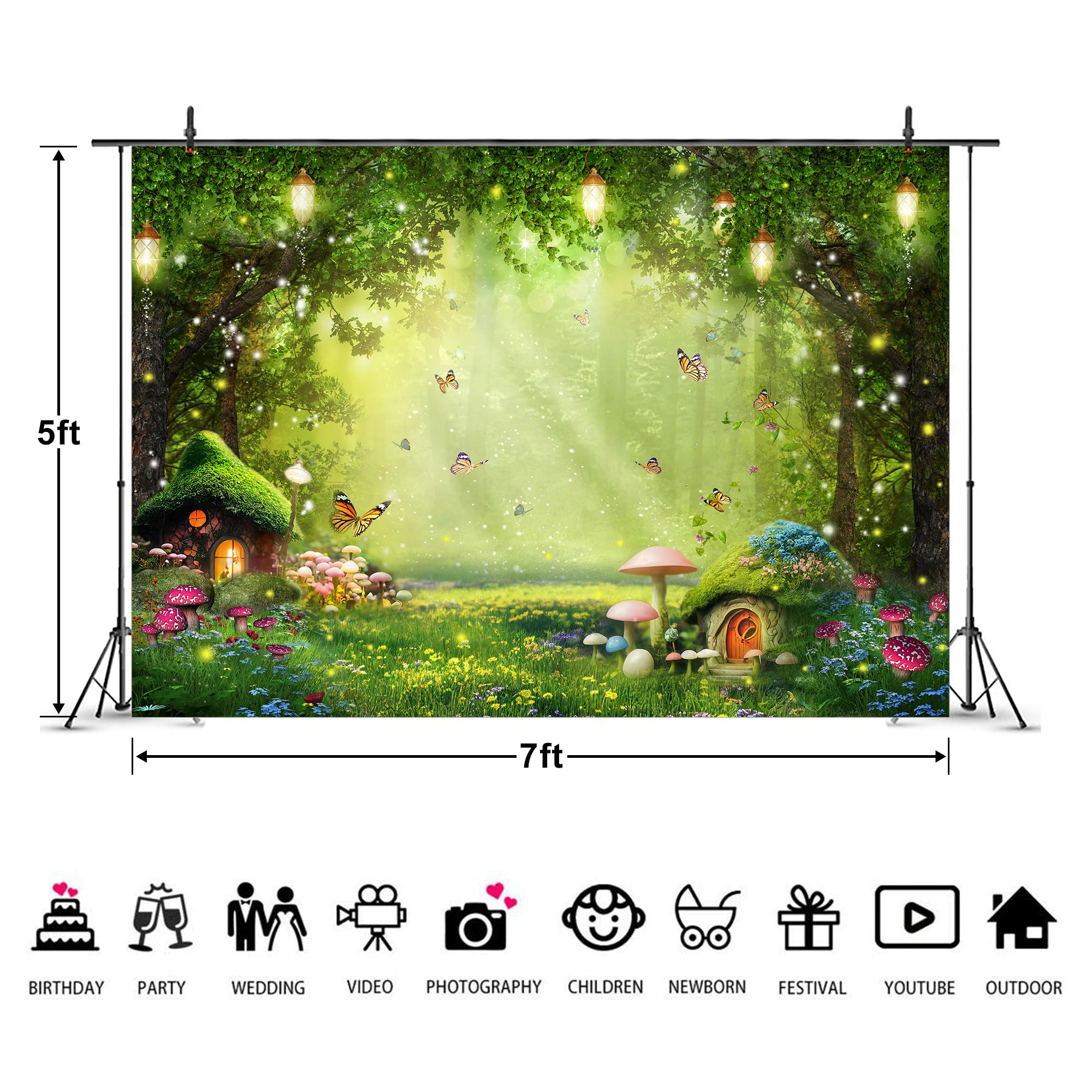 Imirell Enchanted Backdrop 7Wx5H Feet Fairy Tale Wonderland Mushroom Greenery Woodland Butterfly Flower Polyester Fabric Spring