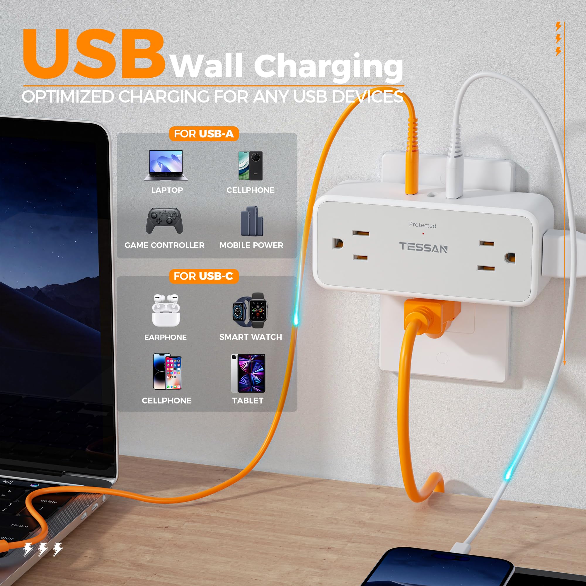 Multi Plug Outlet Splitter, Tessan Surge Protector 4 Outlets Extender With 3 Usb Ports (2 Usb C), 3 Sided Multiple Plug Expander