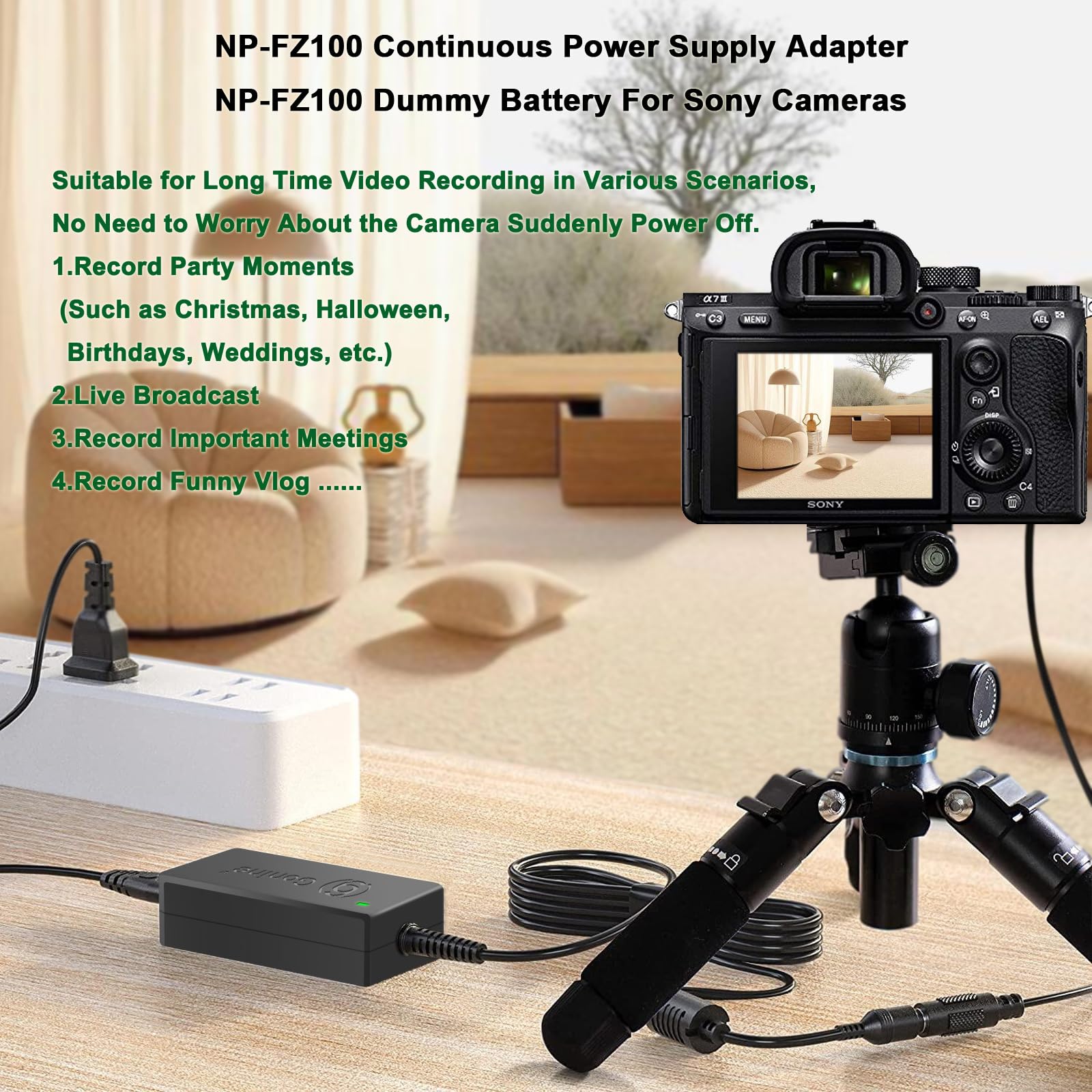 Gonine Np Fz100 A7Iii Dummy Battery Npfz100 Continuous Power Supply Adapter Kit, Compatible For Sony Alpha A7Iii A7Iv A6700 A6600 Zv E1, A7Siii A7C A1 Fx3 A7R3 A7R Iv, A9 A9R A9S Cameras.